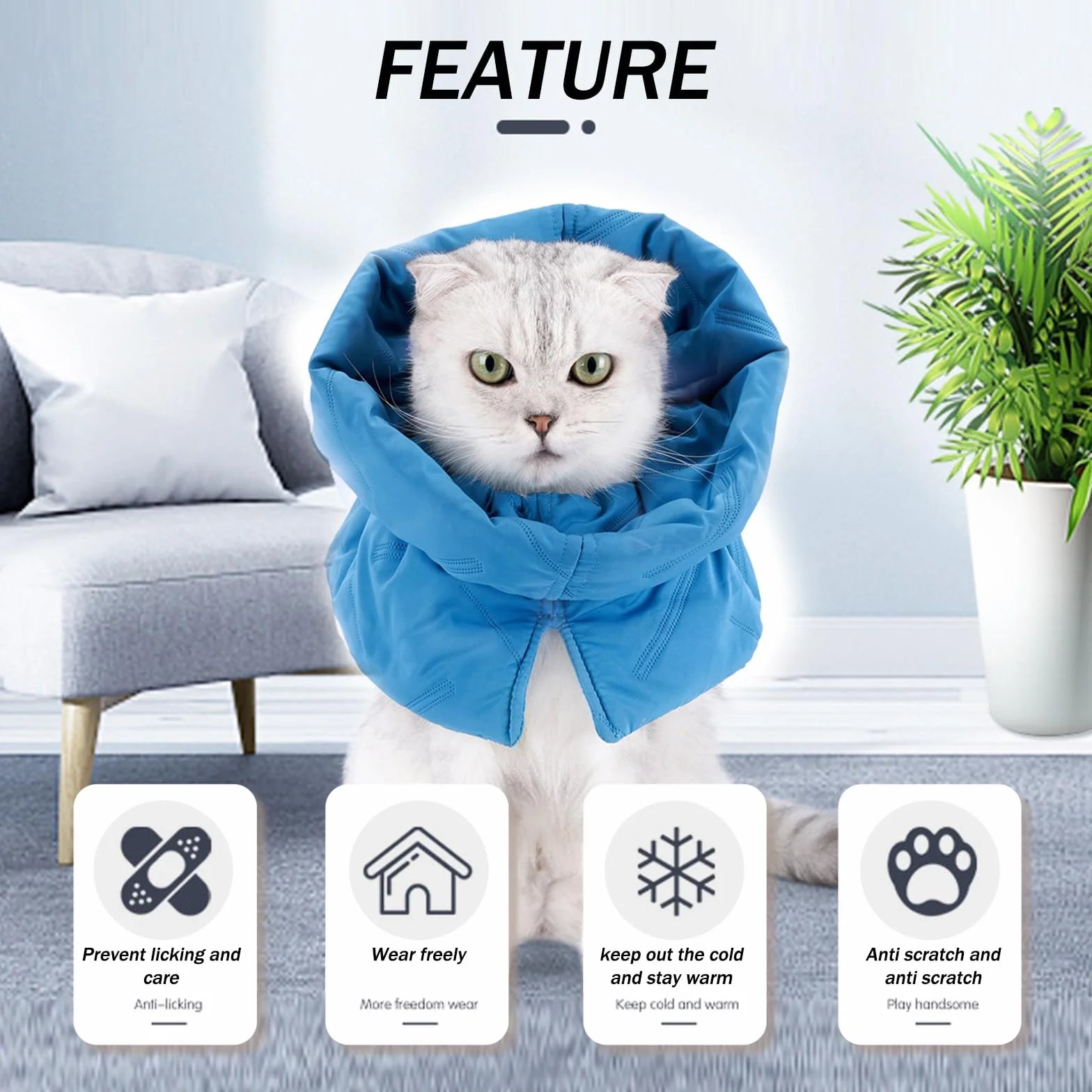 Collier Élisabéthain Anti Léchage pour Chat, Ajustable Doux, Protection Post-opératoire Bleu foncé