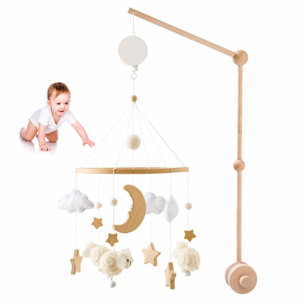 Mobile Musical en Bois avec Support Réglable et Boîte à Musique Décoration de Berceau (Beige)