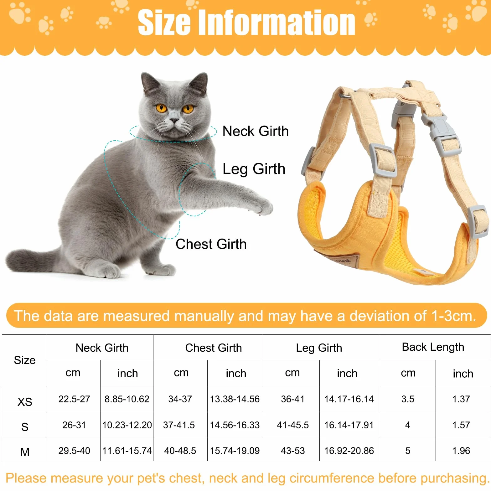 Harnais Chat Anti-évasion Respirant Réglable Gilet avec Collier et Laisse en Maille pour Animaux Jaune