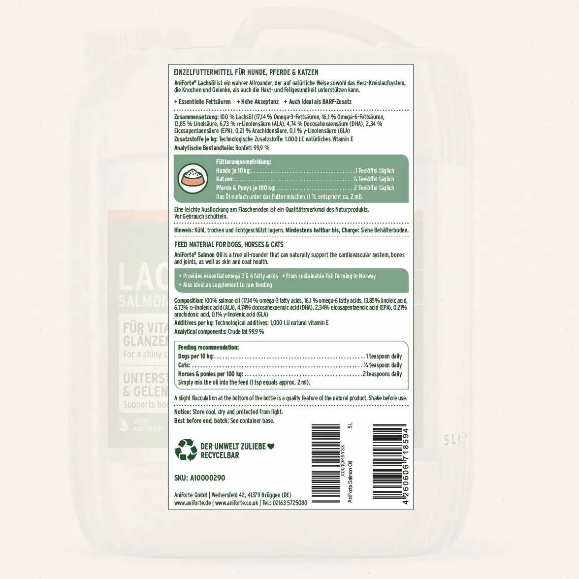 AniForte Huile de Saumon pour Chiens & Chevaux 5 L - Huile de Poisson Naturelle Riche en oméga 3