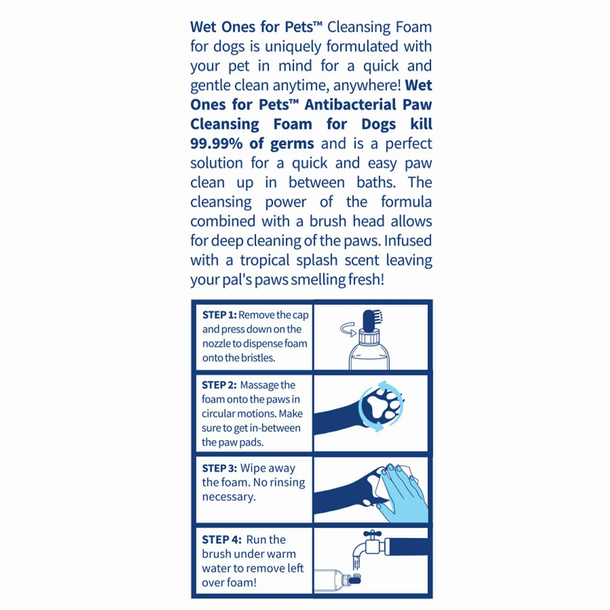 Wet Ones for Pets Lot de 6 nettoyeurs antibactériens pour pattes de chien avec brosse à récurer intégrée, parfum éclaboussures tropicales, nettoyant moussant pour pattes de chien, nettoyeur de pattes