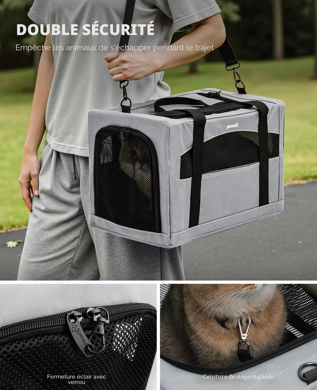 Pecute Sac de Transport pour Chat Pliable Ultra Stable Gris Voyage Chien Portable