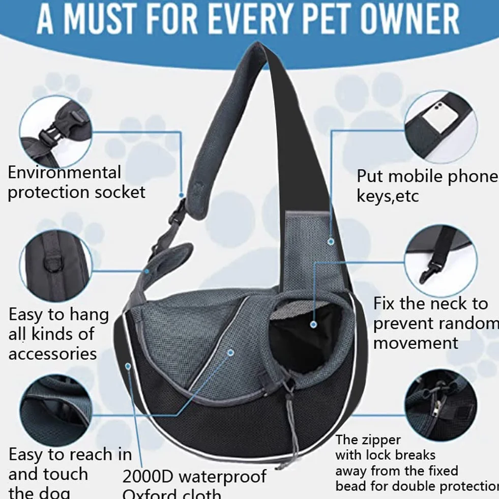 Sac de Transport Chien Portable Sac à Bandoulière Chien Chat Réglable Sac de Voyage pour Petits Animaux Maille Respirant Sac Ventrale Chiot Confortable avec Poche Avant pour Extérieur Marche Métro,M