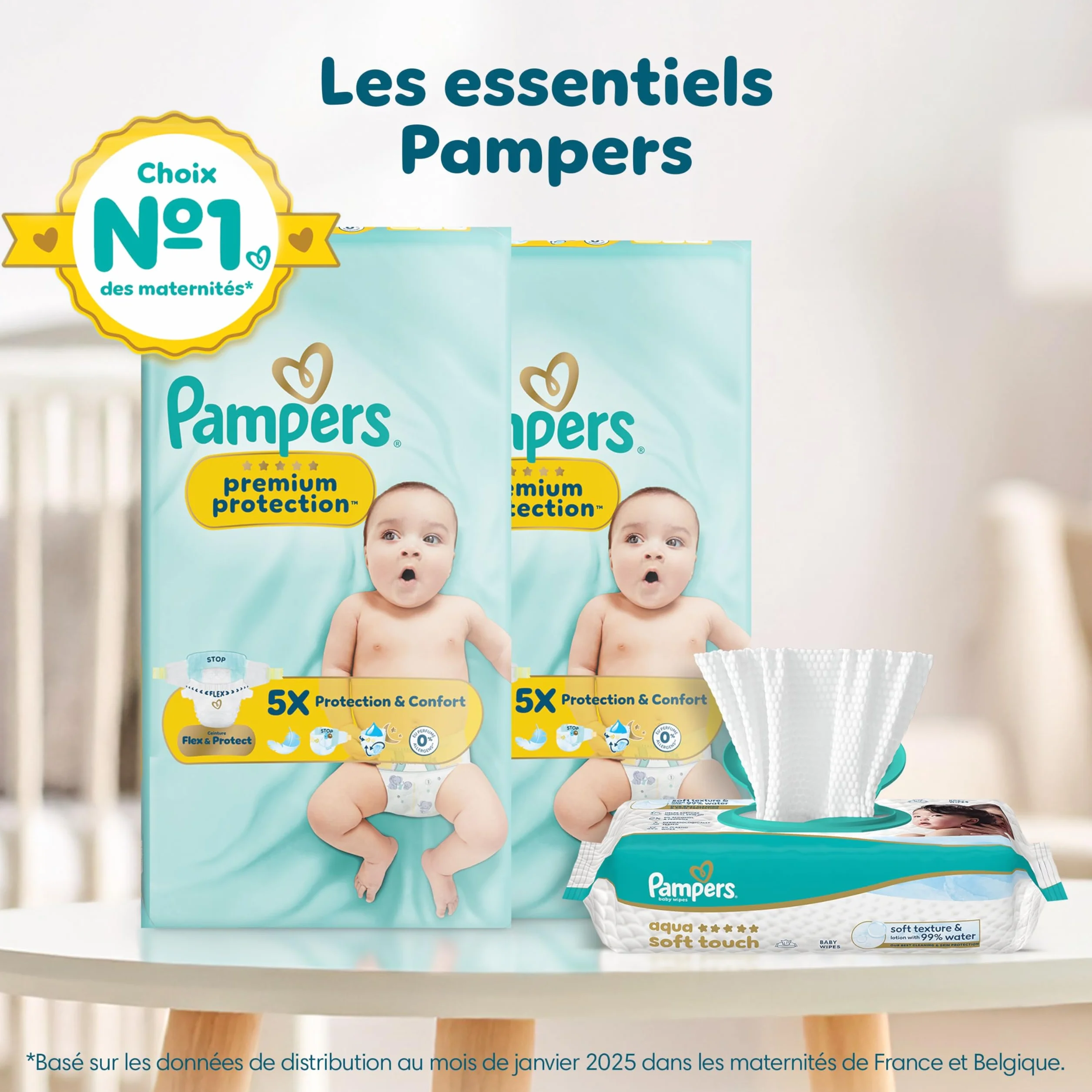 PAMPERS Coffret Cadeau Naissance 2 Packs Couches Premium Protection Taille 1 Lingettes Aqua Soft Touch Chaussettes Bébé