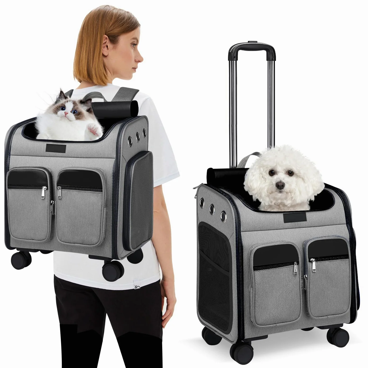 PETCUTE Sac à Dos de Transport pour Chat avec Roues,Respirant Sac à roulettes pour Chat Chien 11 kg,Pliable Sac de Transport Chats avec Poches Rangement,Tapis Amovible,Poussettes pour Chat/Chiens