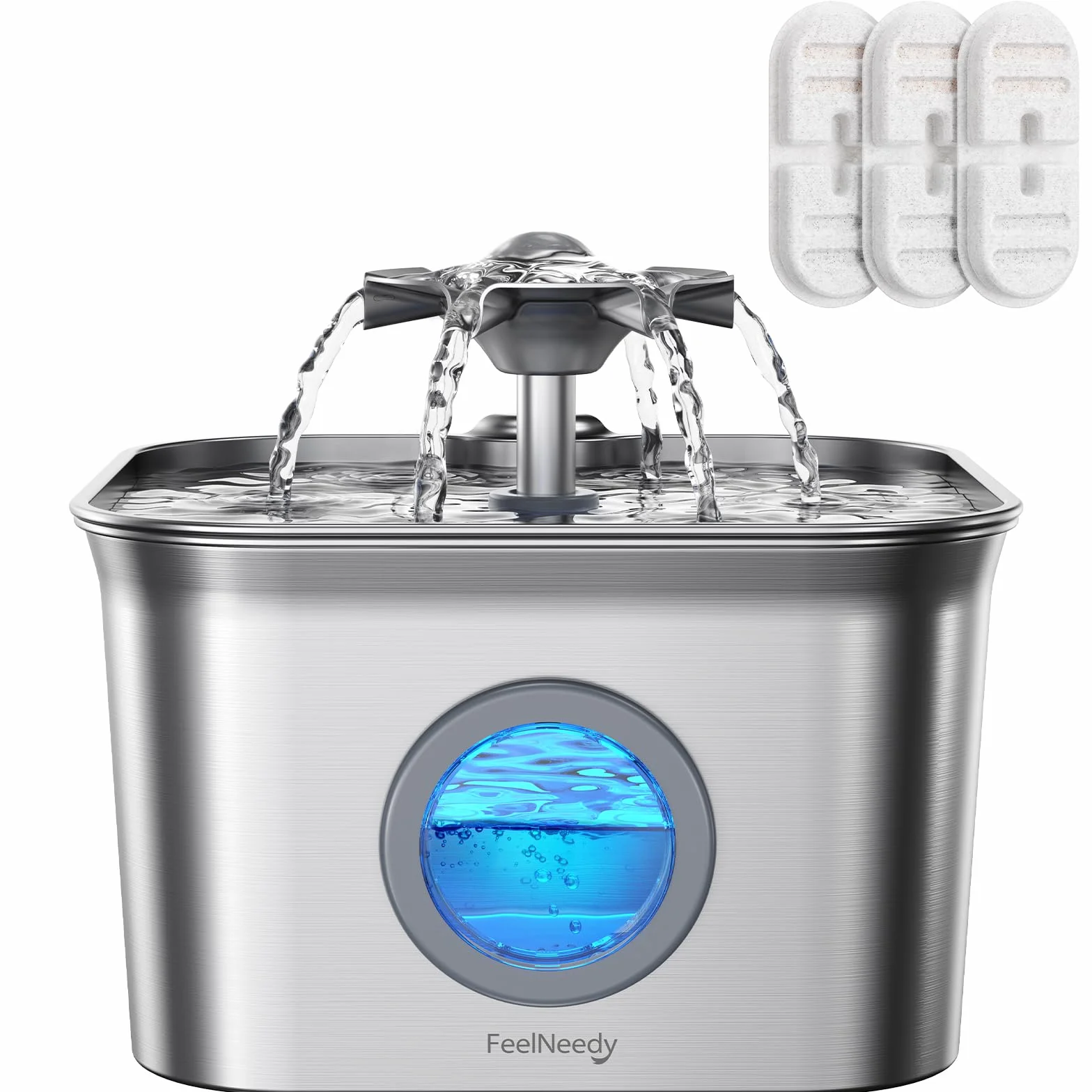 FEELNEEDY Fontaine à Eau pour Chat INOX 2,8L avec 3 Filtres, Système Quadruple Filtration