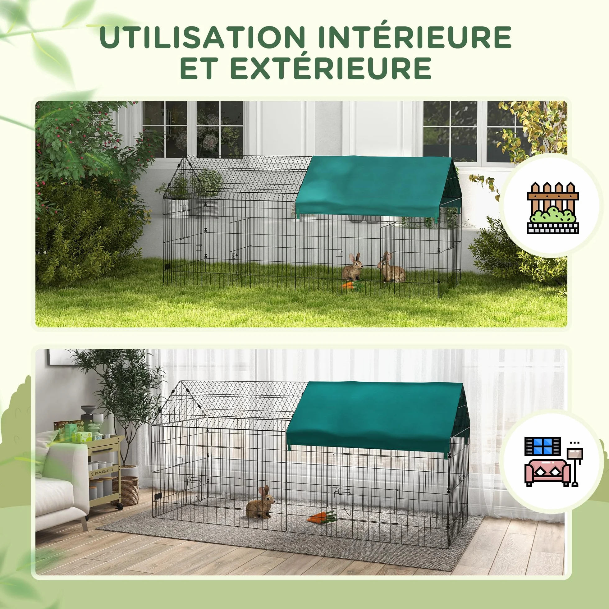 PawHut Parc enclos Cage Lapin extérieur 220 x 85 x 103 cm Acier 2 Portes verrouillables Protection Pare-Soleil Toit Vert