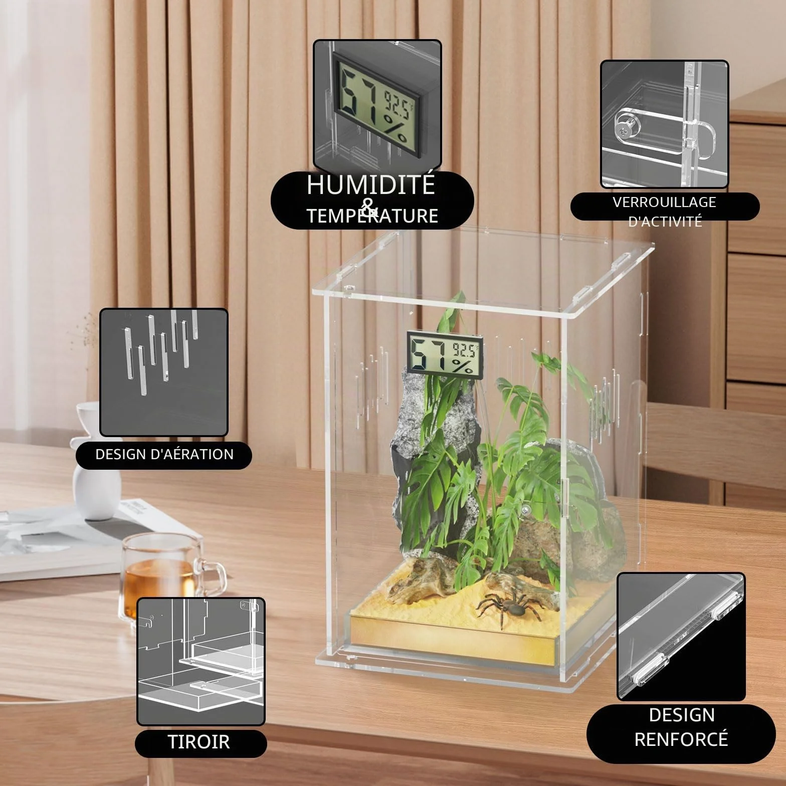 Terrarium pour Reptiles avec Hygromètre, 15x15x25cm Boîte d'Élevage Acrylique pour Reptiles Insectes
