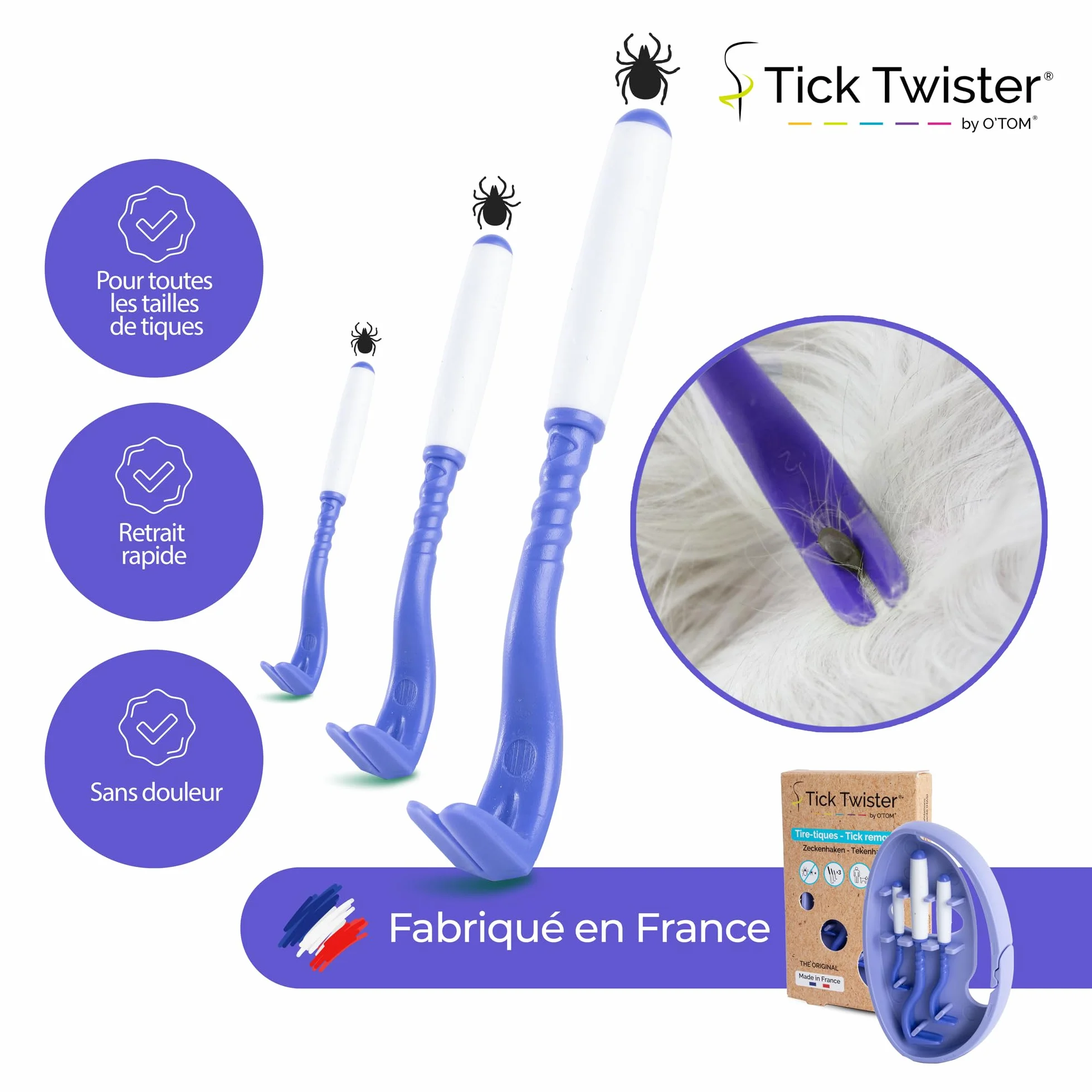 Pince à Tique Tick Twister pour Chien, Chat et Humain - Set de 3, Retrait Facile et Rapide, Violet