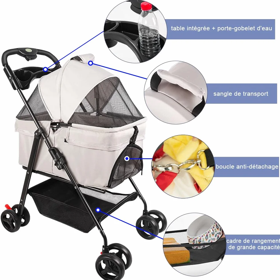 Poussette pour chien chat 3 en 1 nacelle amovible caisse transport pliable tissu 600D Oxford roues 360° fenêtre filet