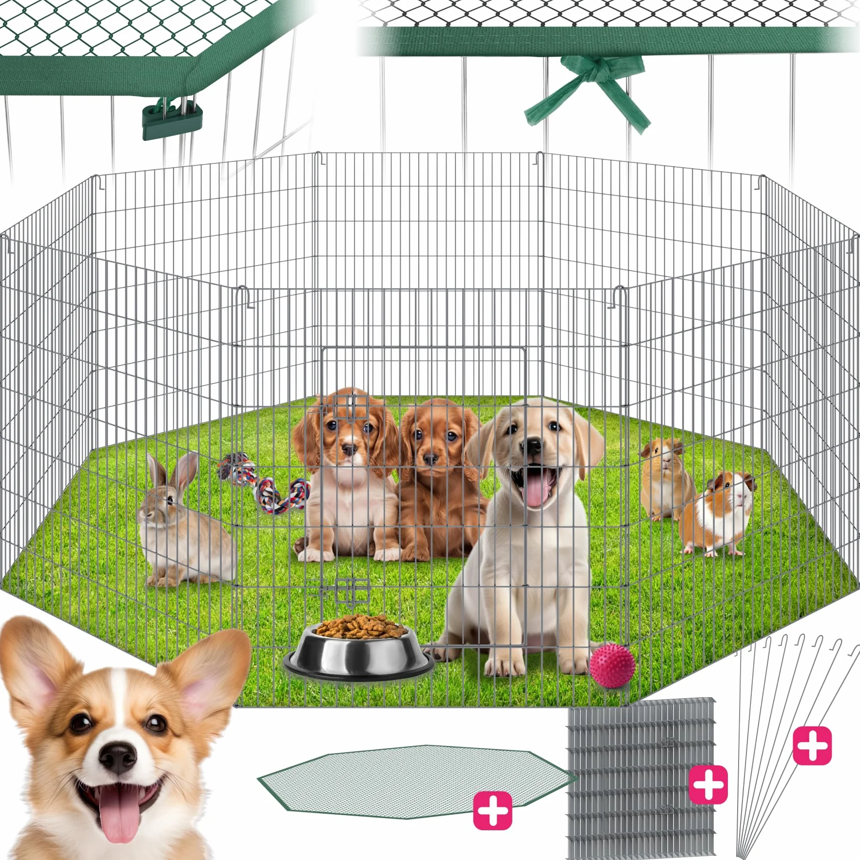Tectake Parc pour Chien 8 pièces Grille, Porte Sécurité Double Fermeture, Clôture Extensible 204x204x93 cm
