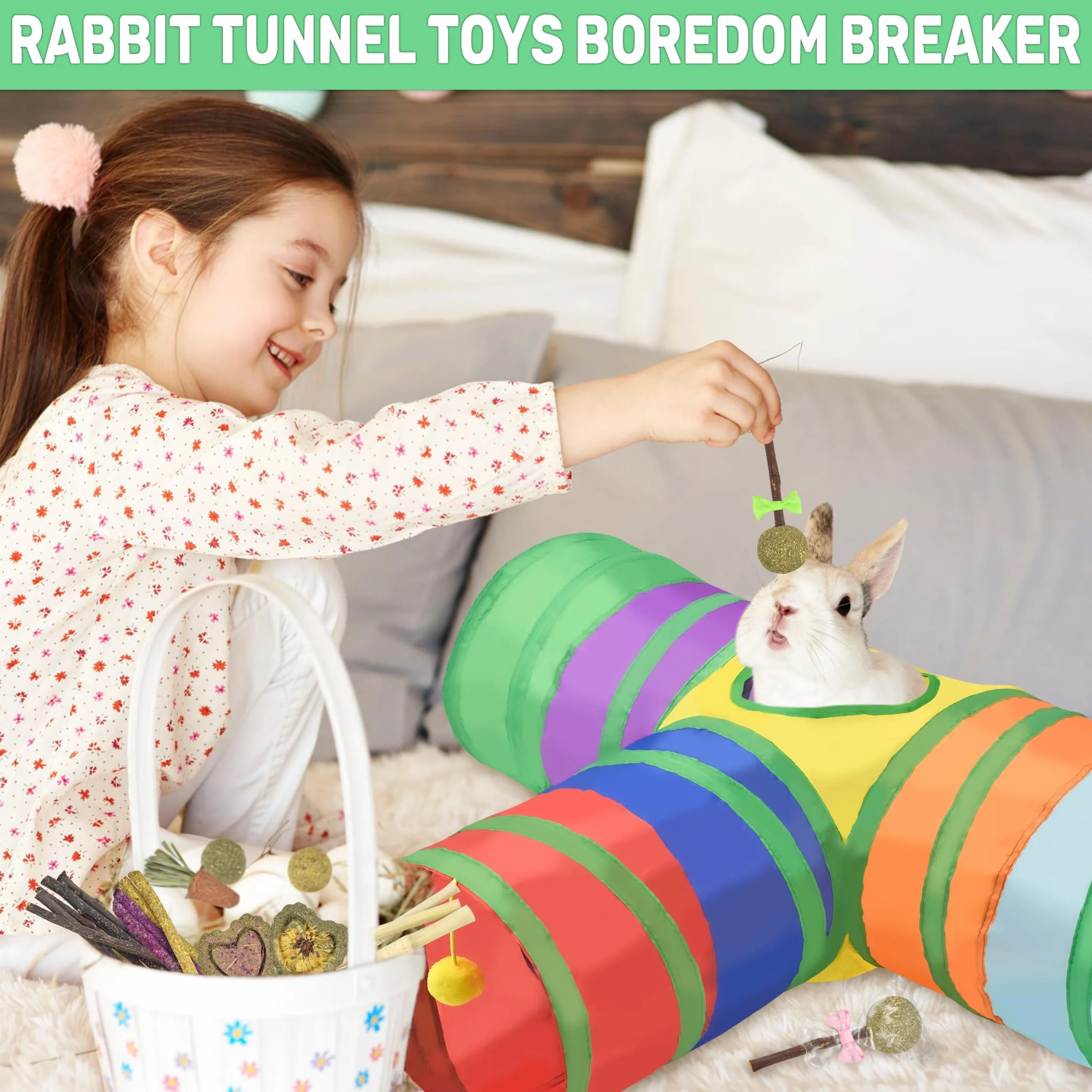 Jouets naturels pour Lapin 26-en-1 avec Tunnel Pliable, Jouets à mâcher et Cachettes pour Petits Animaux