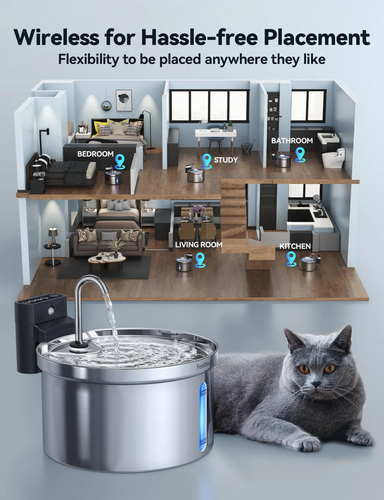 FEELNEEDY Fontaine à Eau Chat sans Fil Acier Inoxydable avec Batterie Rechargeable 4000mAh 3,5L 6 Filtres