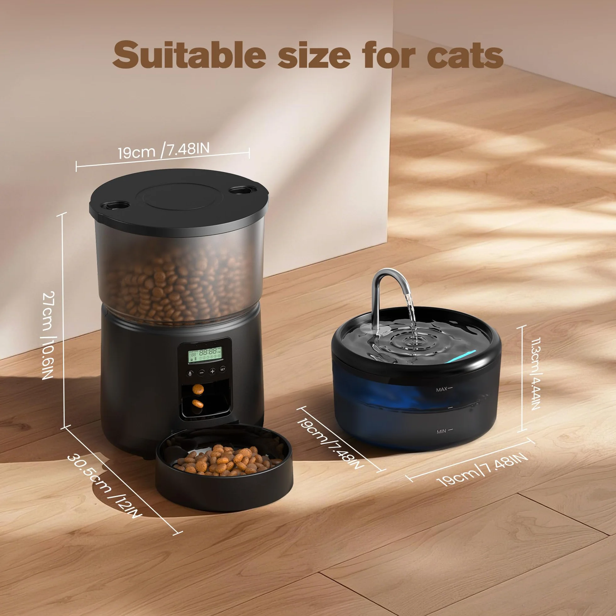 Distributeur Croquettes Chat Automatique Fontaine 2,4L 3L Mangeoire Minuterie Programmable 6 Repas 10S Voix Noir