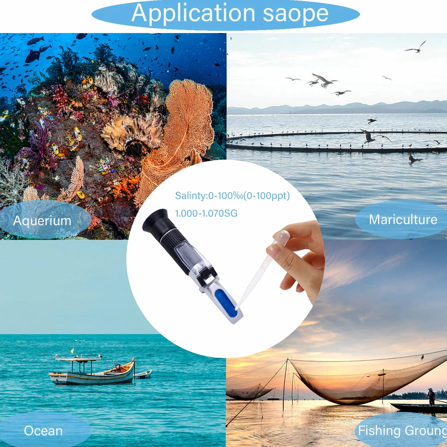 Salinité portable 0-100 ‰ double échelle 1,0-1,070 S.G concentration de chlorure de sodium