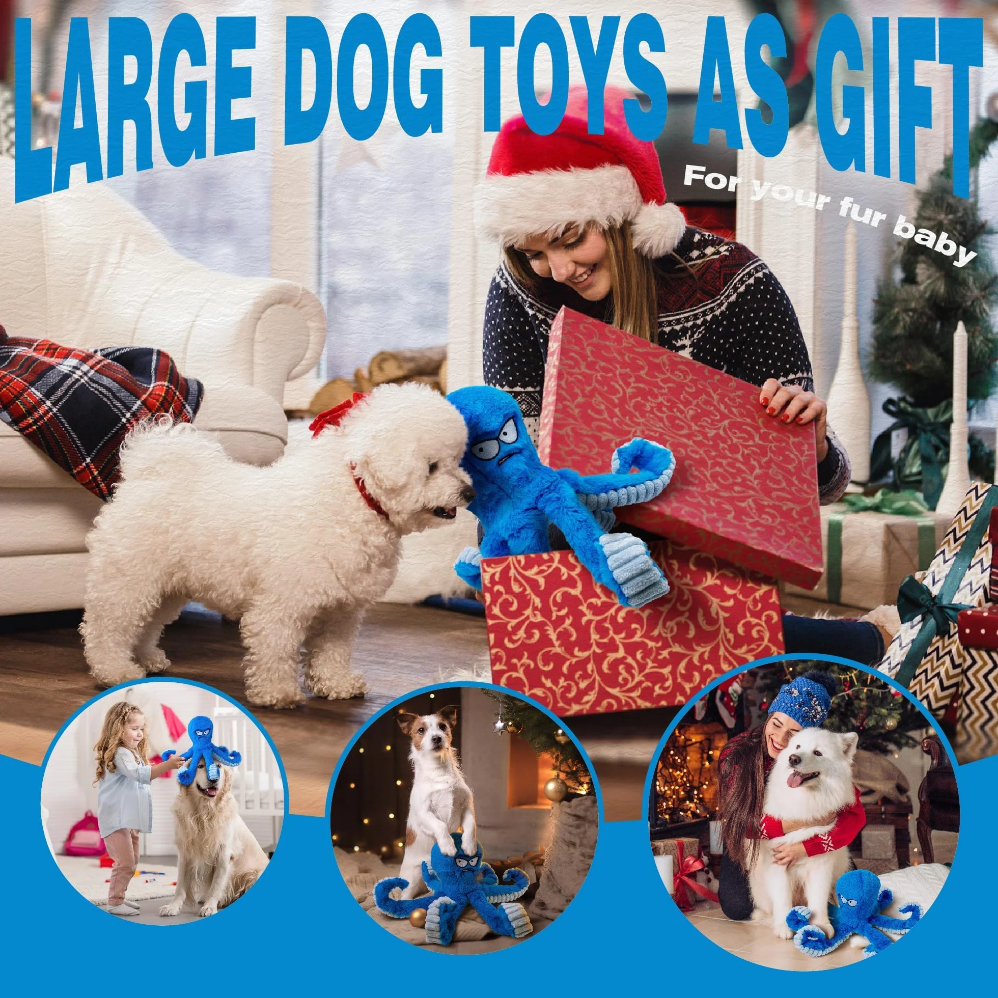 Pieuvre Bleue Jouet à Mâcher pour Chiens de Grande Taille - Jouet Interactif Couineur