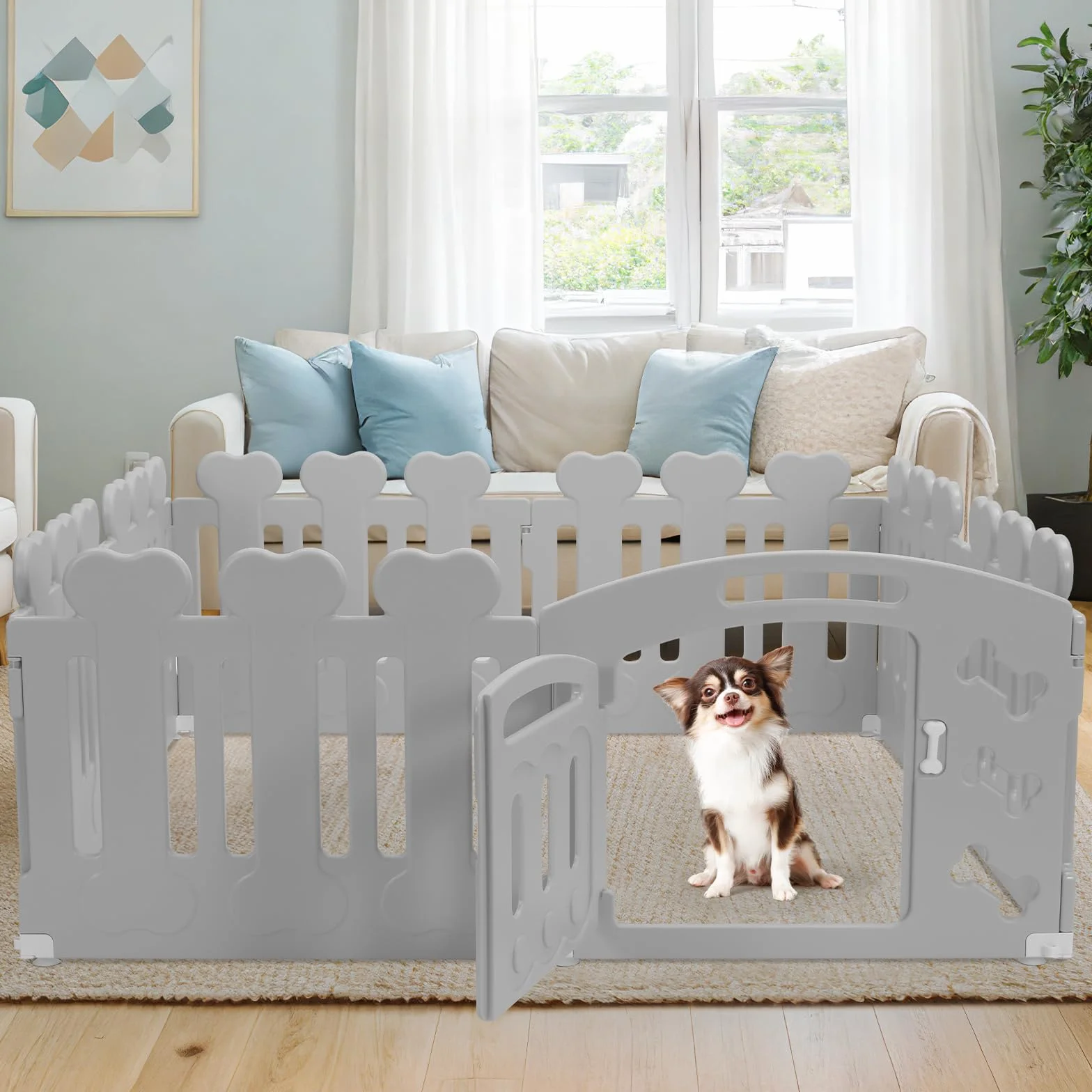 MAMIZO Parc pour Chien 60 cm Haut, Plastique Parc Chien 7+1 PCS Panneaux, Parc Chiot Pliable avec Portail, avec ventouses et ancrages au Sol, Enclos pour Chat et Lapin Interieur Extérieur, Gris | Parc Chiot Pliable avec Portail, avec ventouses et ancrages