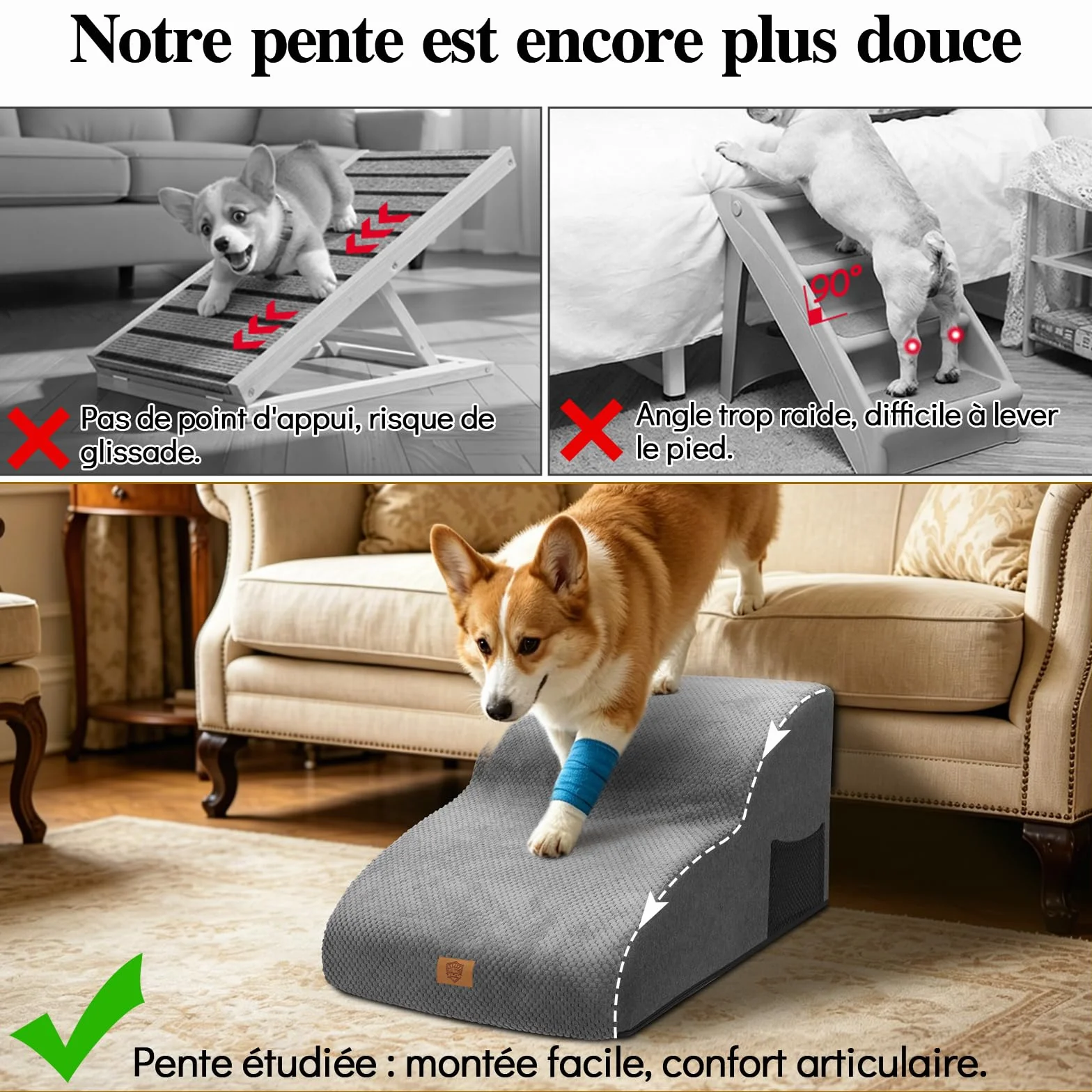MASTERTOP Escaliers pour Chiens 2 Marches Étendus Mousse Antidérapant Housse Amovible Lavable Gris