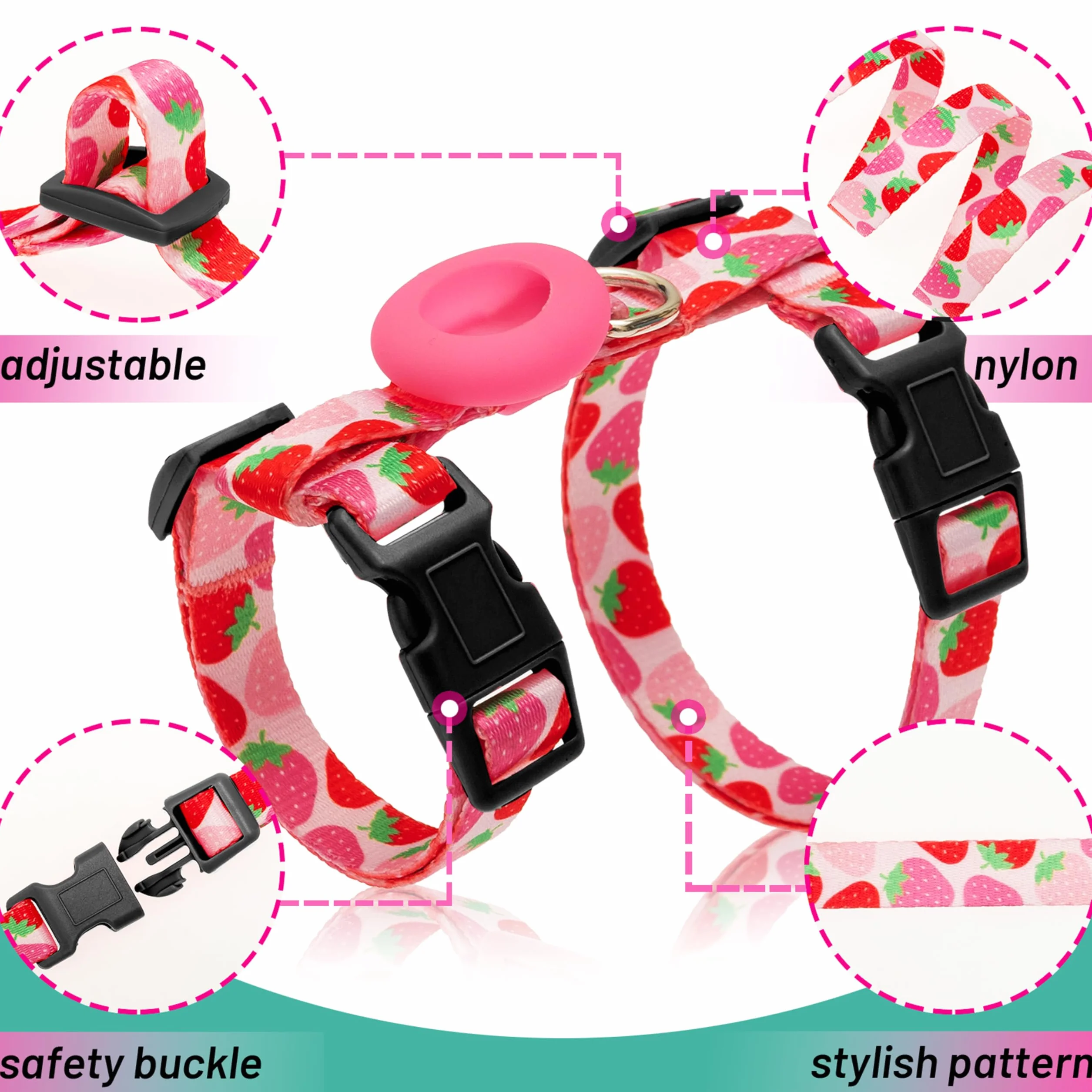 Harnais et Laisse Anti-Fugue pour Chat avec Support Airtag, Motif Strawberry, Nylon réglable