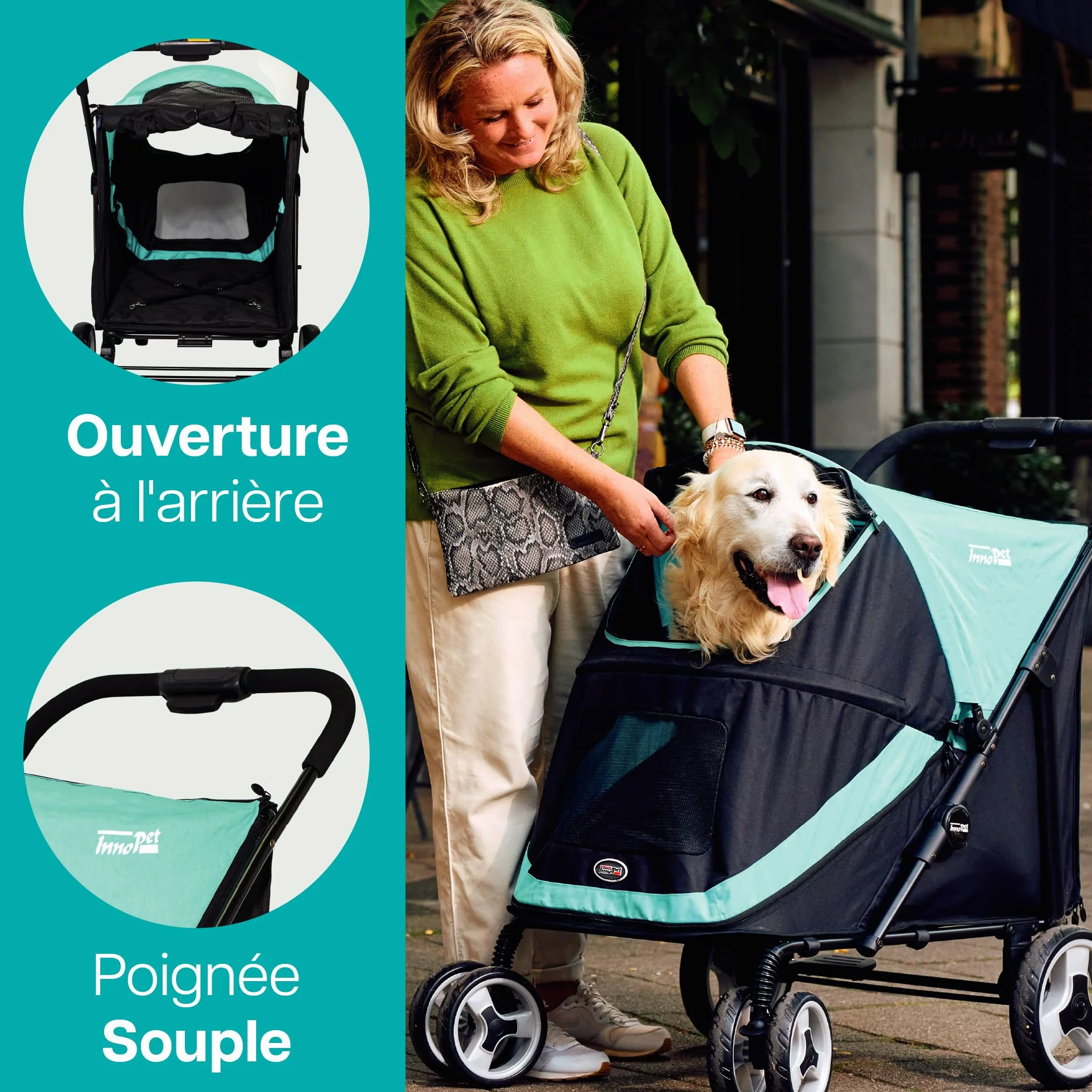 Chariot pour chien Innopet Mamut grand format bleu - Supporte jusqu'à 50 kg - Housse de pluie incluse - Pliage d'une seule main - Roues avant pivotantes, Remorque de chiens de taille moyenne et grande