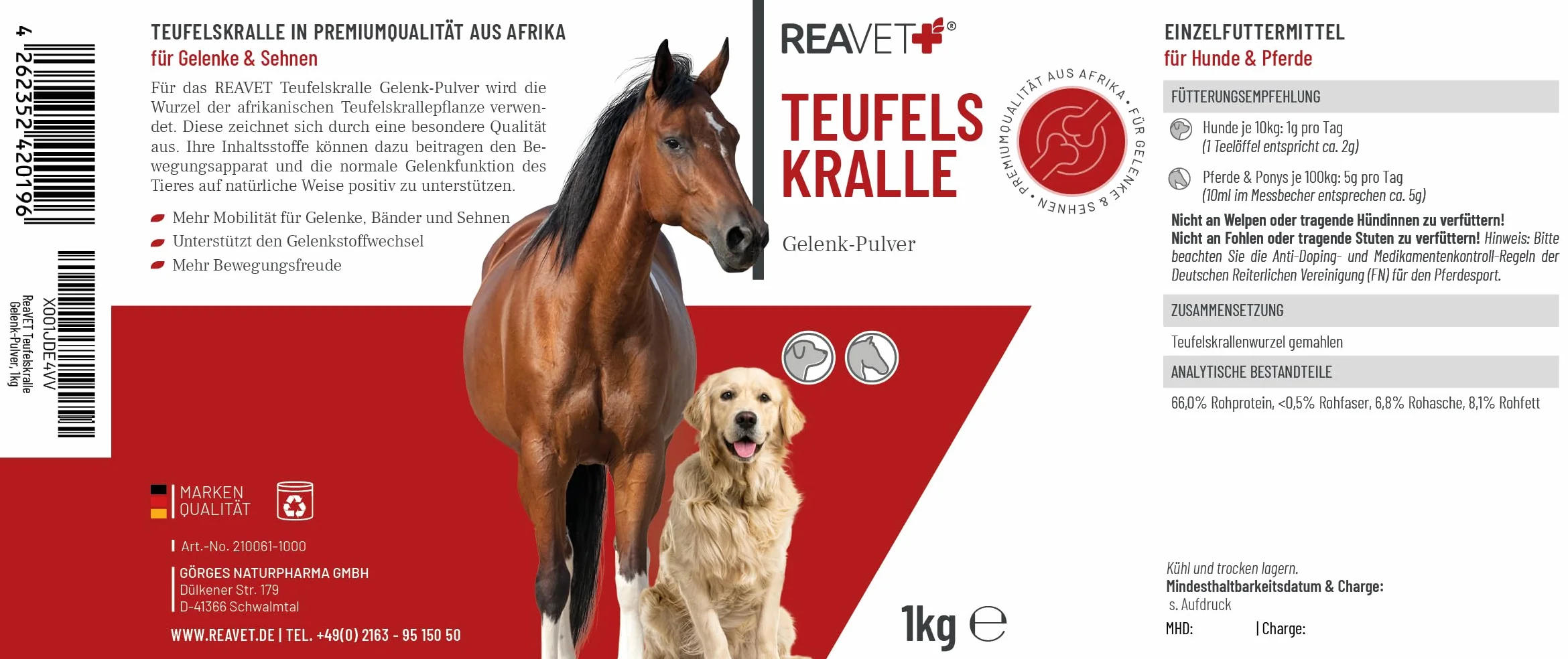 ReaVET Cheval de Griffe du Diable Africain 1000g Poudre articulaire sans additifs