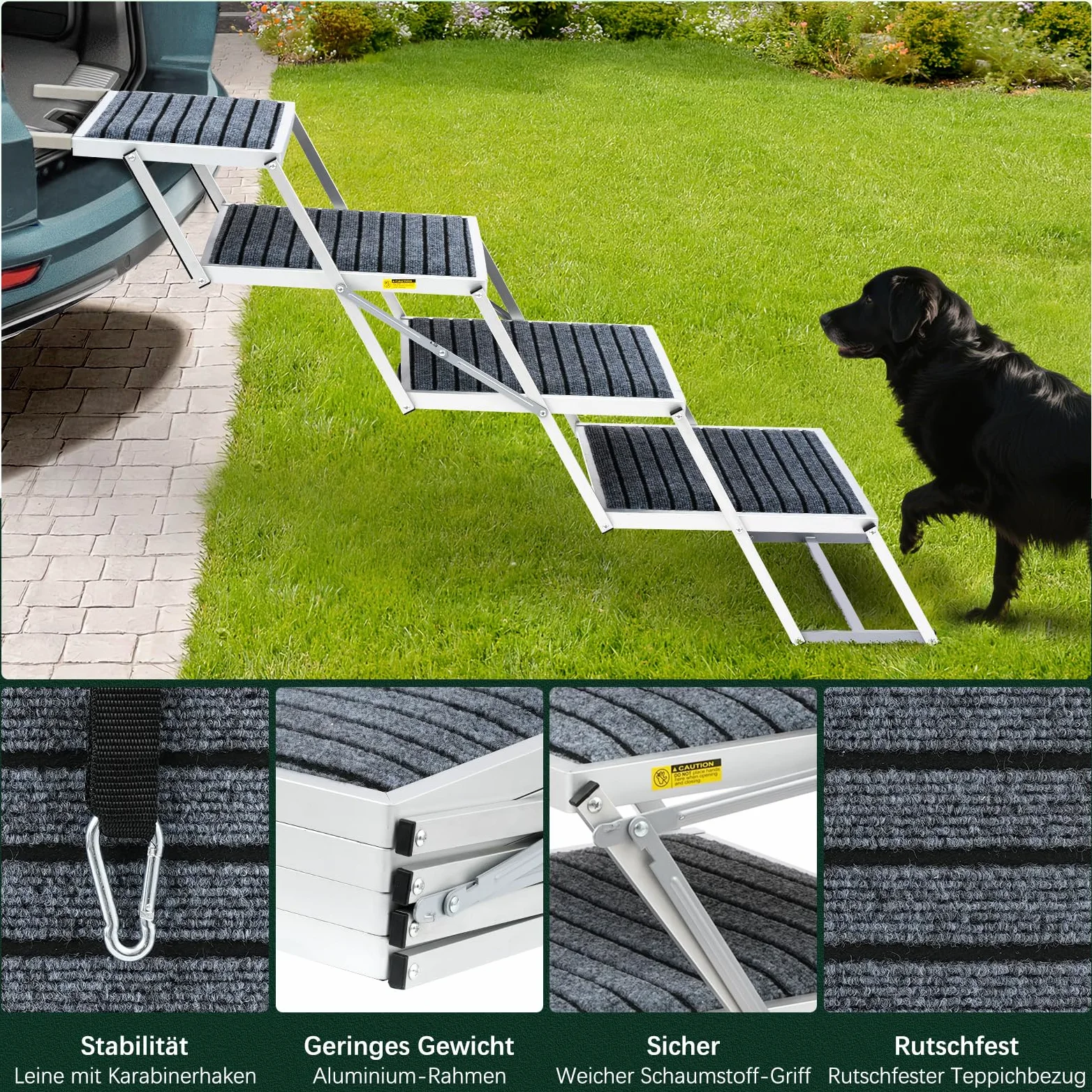 Escalier pour chien de voiture avec tapis, extra large à 4 marches, pliable, léger et antidérapant, pour camion et SUV, supporte jusqu'à 100 kg