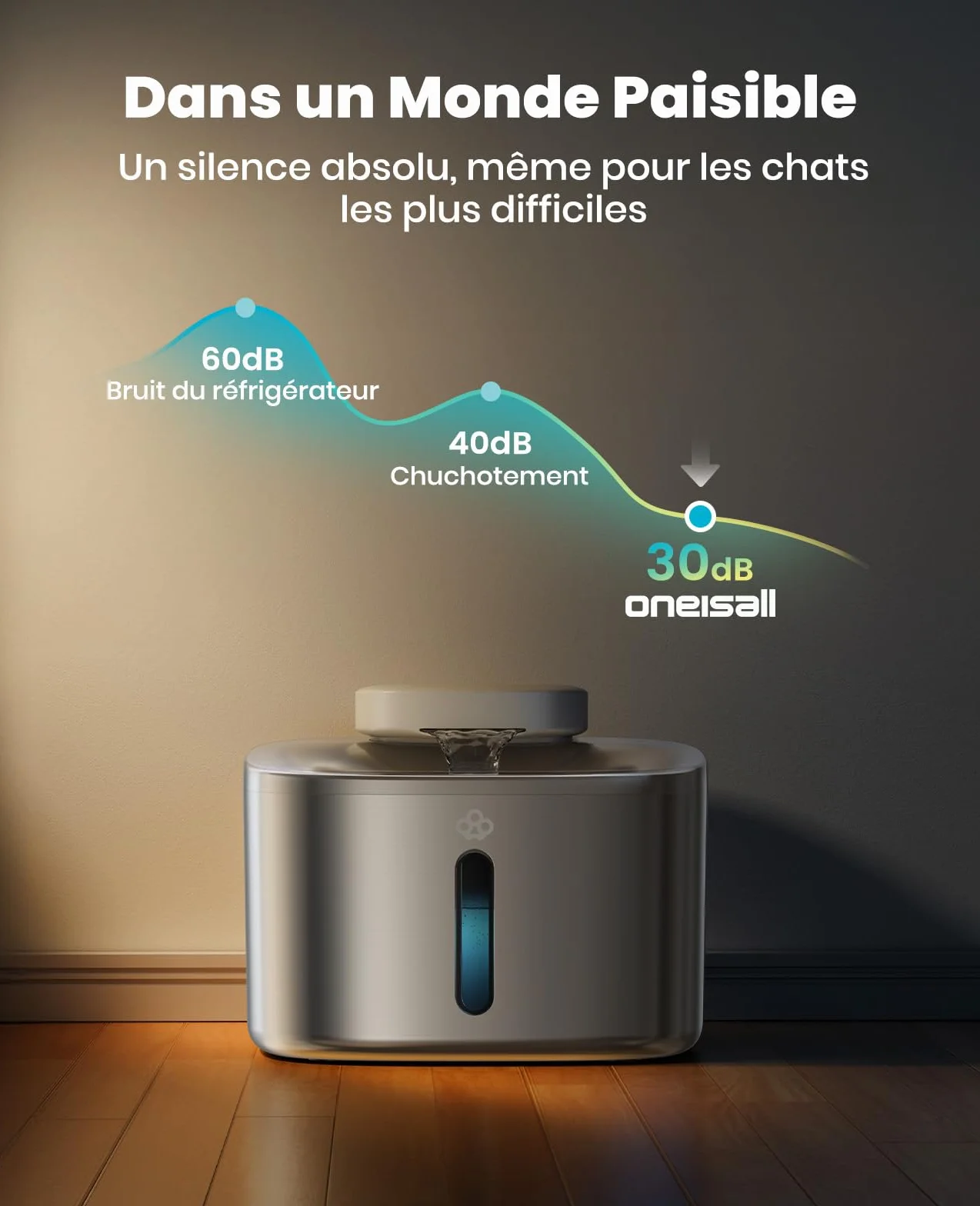 oneisall Fontaine à Eau pour Chat sans Fil 3,5 l Acier Inoxydable Batterie 5000 mAh Détecteur de Mouvement Pompe Silencieuse
