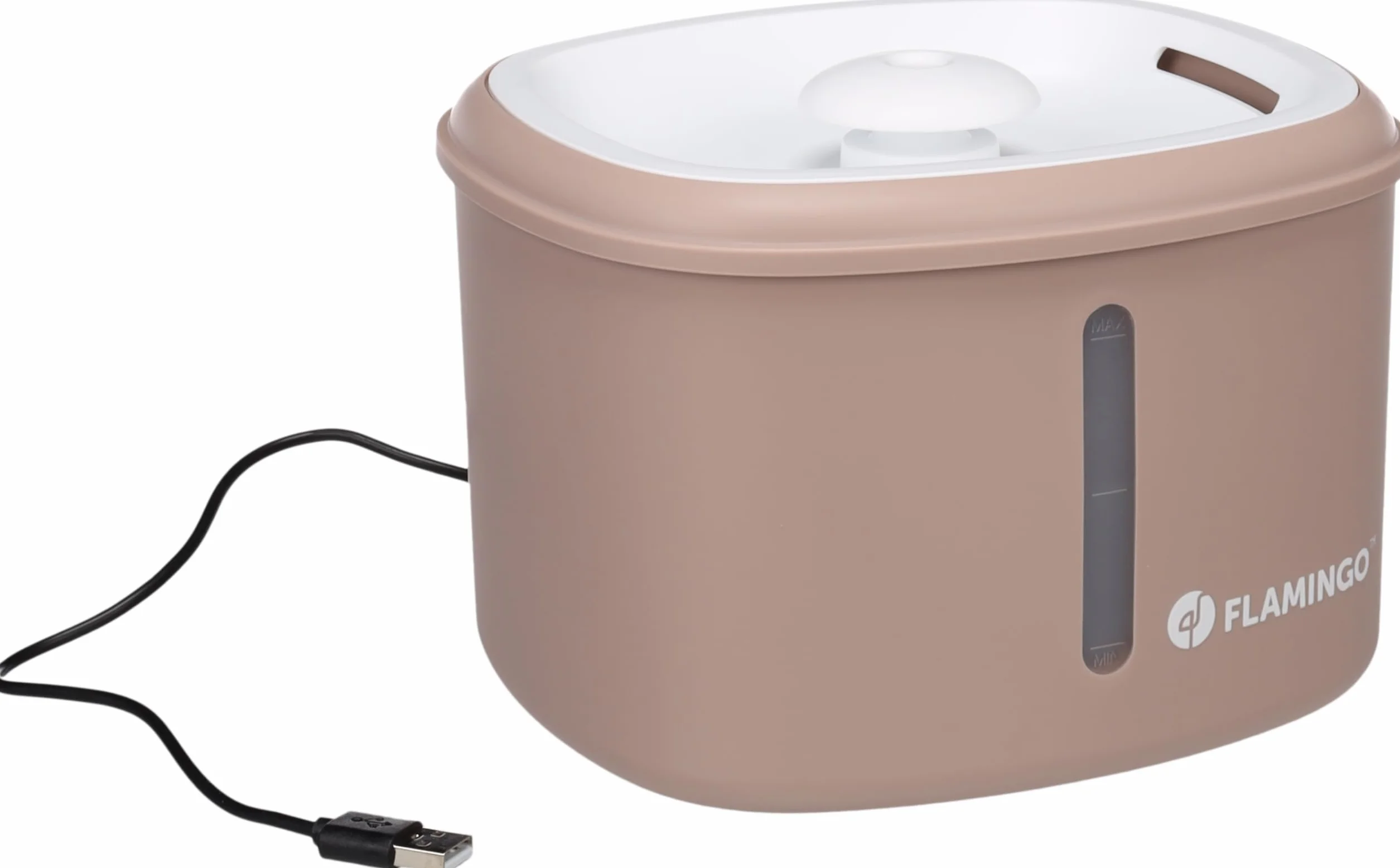 Fontaine à Eau Chat Flamingo Finto Beige 2,5L Plastique Pompe Silencieuse Arrêt Auto Filtre Charbon Actif Résine Indicateur Lumineux