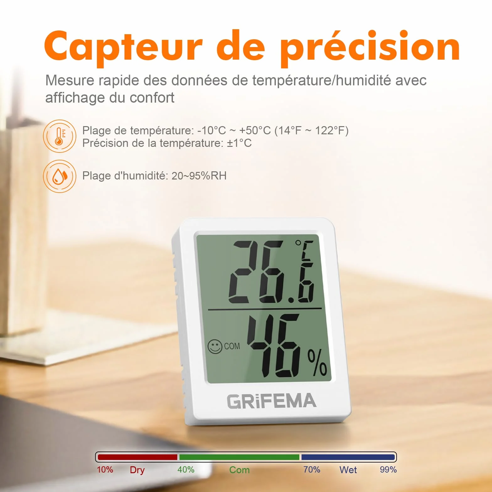 GRIFEMA GA2902 Mini Hygromètre Numérique Thermomètre Intérieur de l'hygromètre, Petit Testeur d'humidité Numérique, Convient Pour Serres, Pépinières, Caves, Thermomètre pour reptile, Blanc