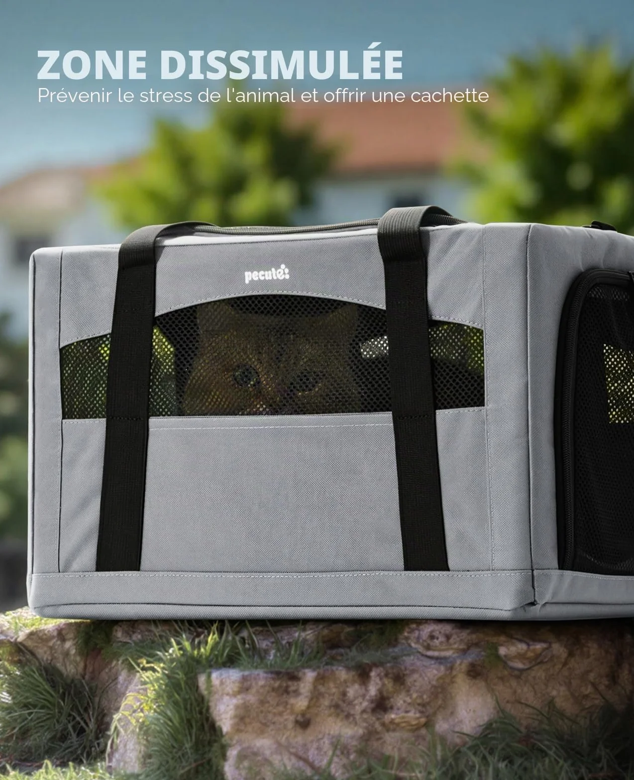 Pecute Sac de Transport pour Chat Pliable Ultra Stable Gris Voyage Chien Portable