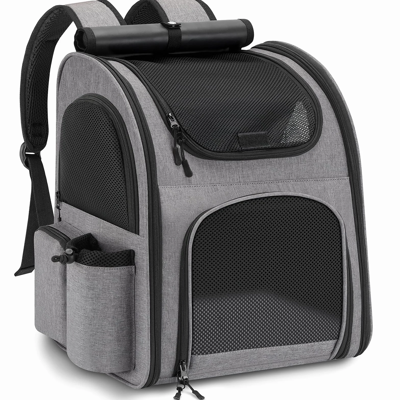 Sac à Dos Chat Chien 10kg Transport avec Fenêtre en Maille, Laisse et Tapis Intégrés Gris