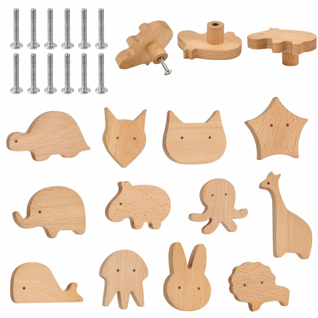 Poignées de tiroir en bois Lot de 12 boutons de placard forme animale Lapin Lion Renard Chat pour meubles cuisine