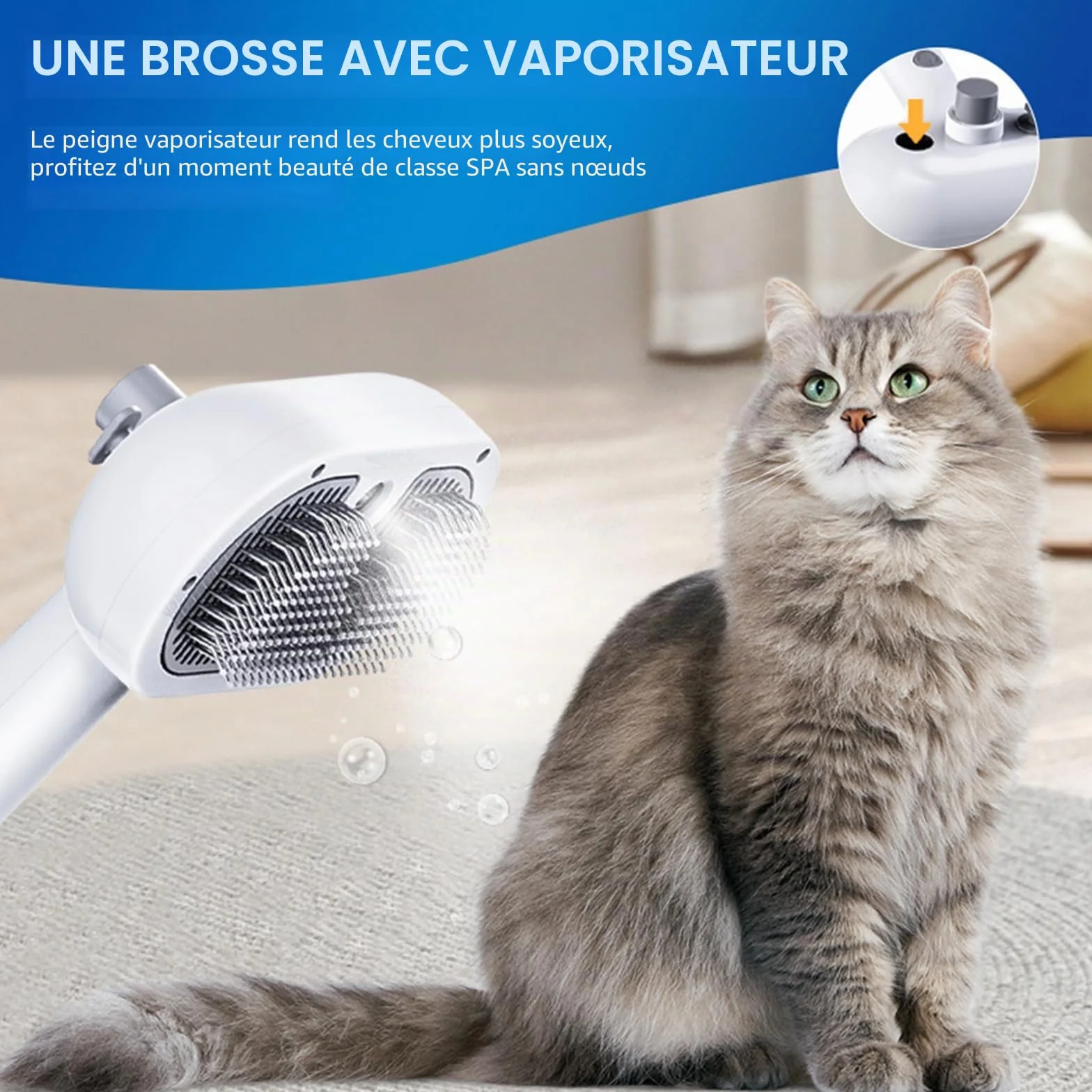 Brosse Chat à Vapeur 3 en 1 avec Chargeur USB C – Brosse de Toilettage et Massage pour Chats à Poils Courts et Longs
