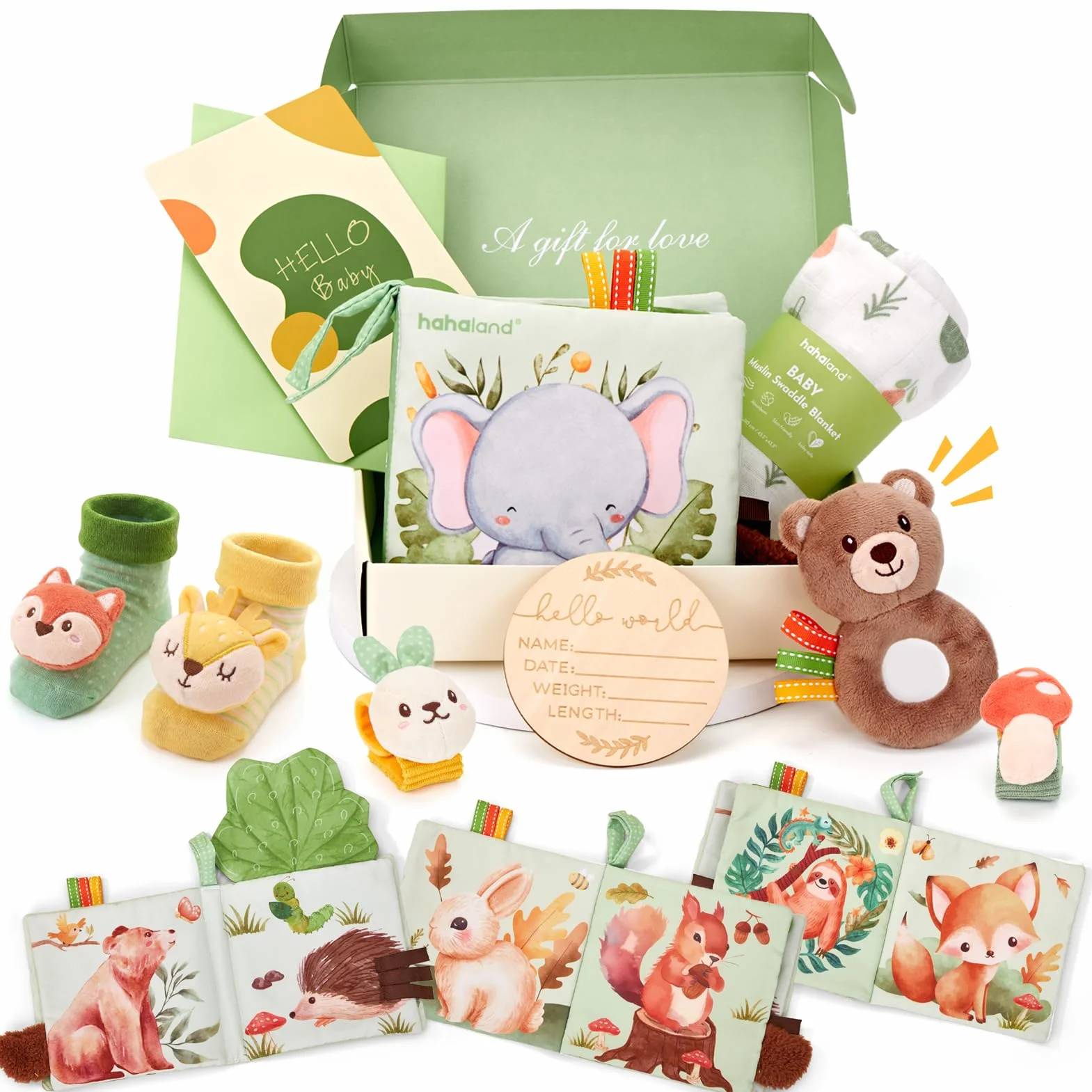 Coffret Naissance Bébé Fille et Garçon, Cadeau Nouveau-né avec Couverture d’Emmaillotage, Hochets et Livre d’Éveil Sensoriel, 0–12 Mois