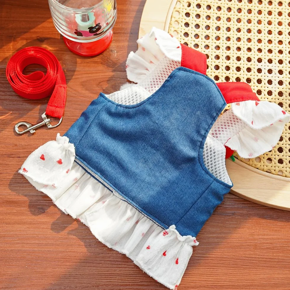 Robe élégante en denim pour chien avec harnais et laisse réglables - Tenue respirante printemps/été