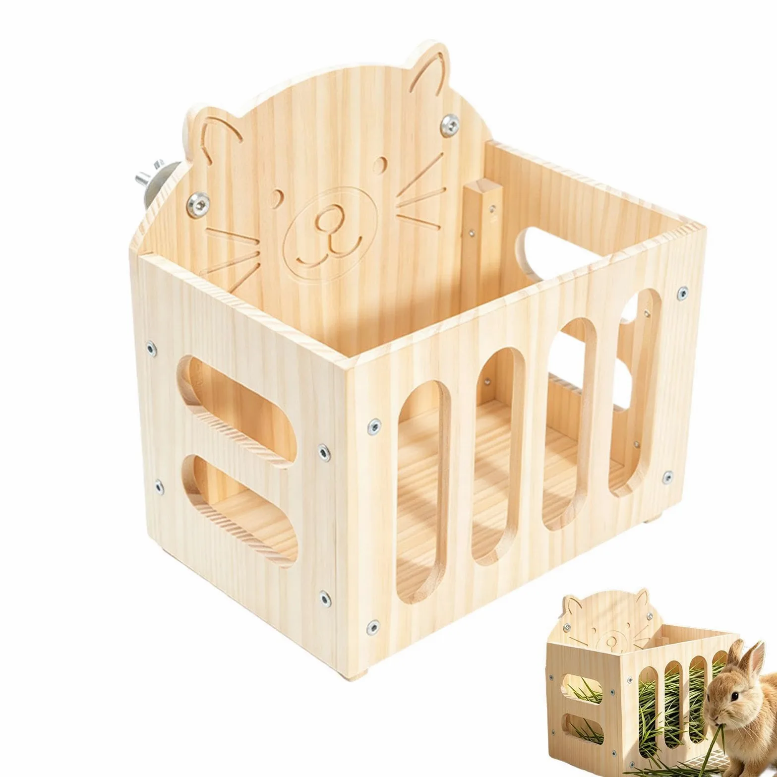 Râtelier à Foin Grande capacité Mignon décor Cage en Bois | porte-foin pour hamster en forme de chat Pour Chinchilla Et Hérisson Intérieur Extérieur