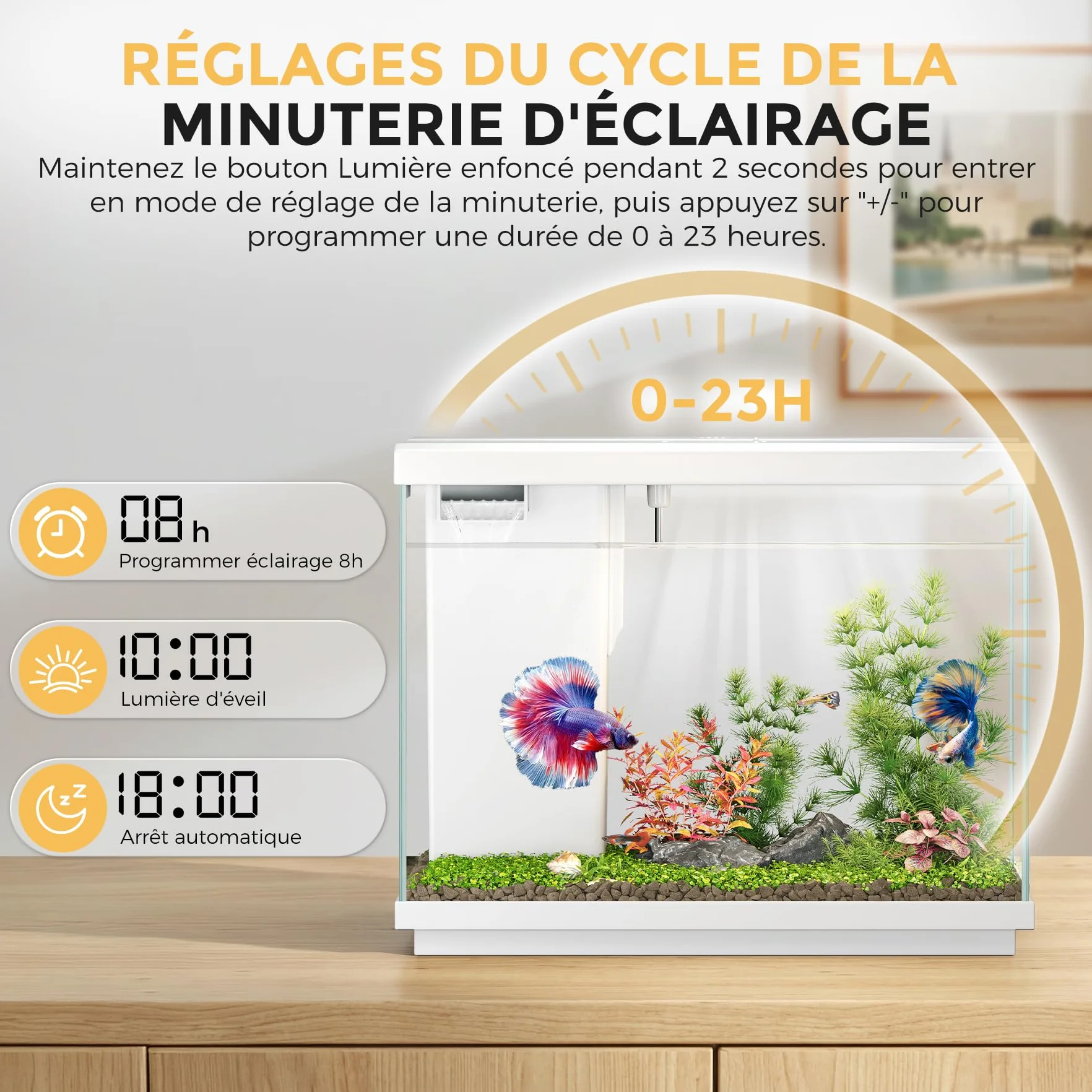 Petit Aquarium 8,3 L pour Combattant avec Filtre 4 en 1 et Pompe silencieuse, éclairage LED 8 Couleurs réglable