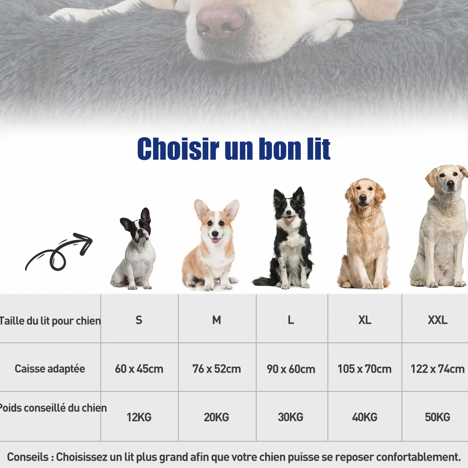 KSIIA Panier pour Chien Grande Taille XL 105x70cm Coussin Lavable Tissu Peluche Doux Base Antidérapante Tapis Matelas Lit Anti-Stress Gris Foncé