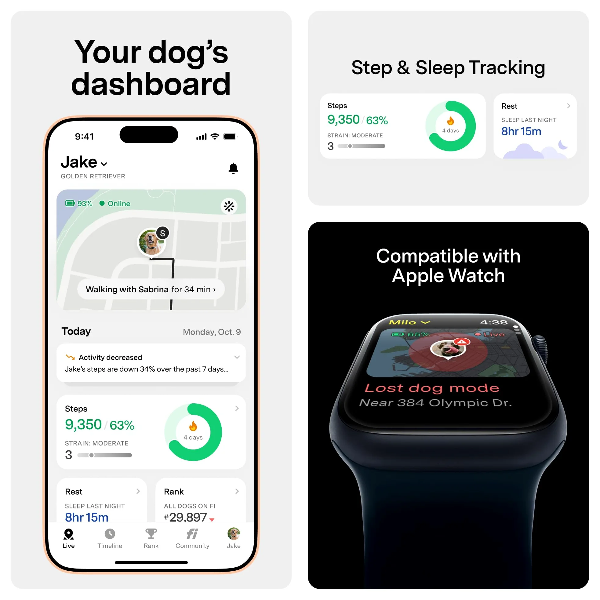 Fi Mini traceur GPS pour chiens, chats, petits animaux de compagnie – Collier universel, léger, clôtures virtuelles, alertes d'évasion, suivi de pas et de santé, étanche – 12 mois d'abonnement inclus