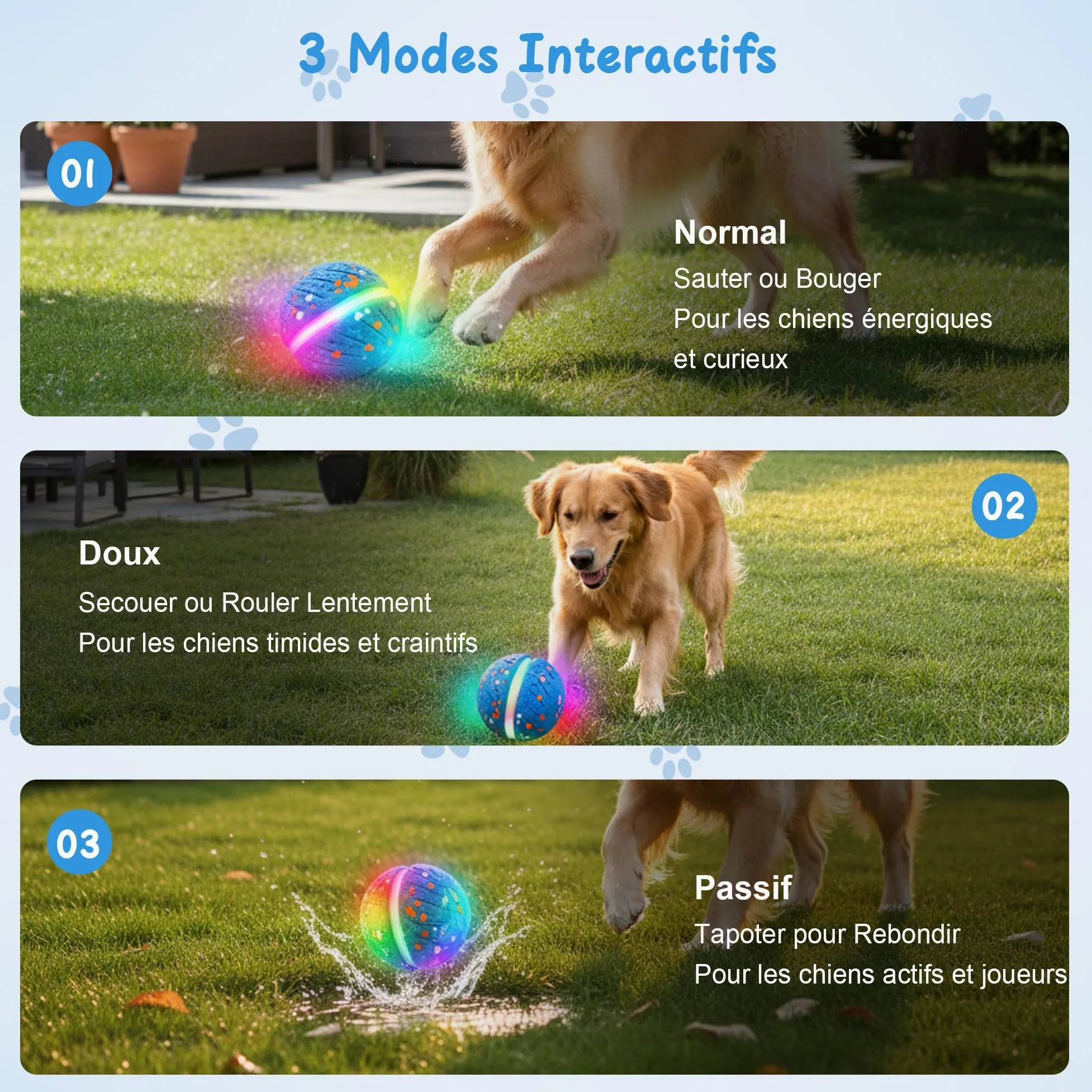 Balle Chien Interactif Intelligente, Jouet Chien Indestructible, Matériau E-TPU avec Lumières, 3 Modes de Jeu, Étanche & Rechargeable Jouet Chiot Petits, Moyens Chiens