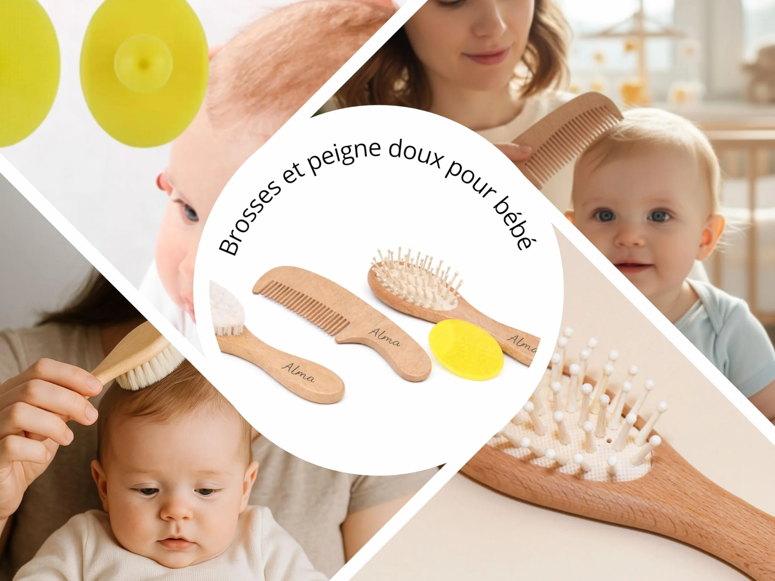 Brosses & Peigne bébé personnalisés Prénom Gravé Trousse de toilette bébé Prénom Brodé Ensemble 5 pièces