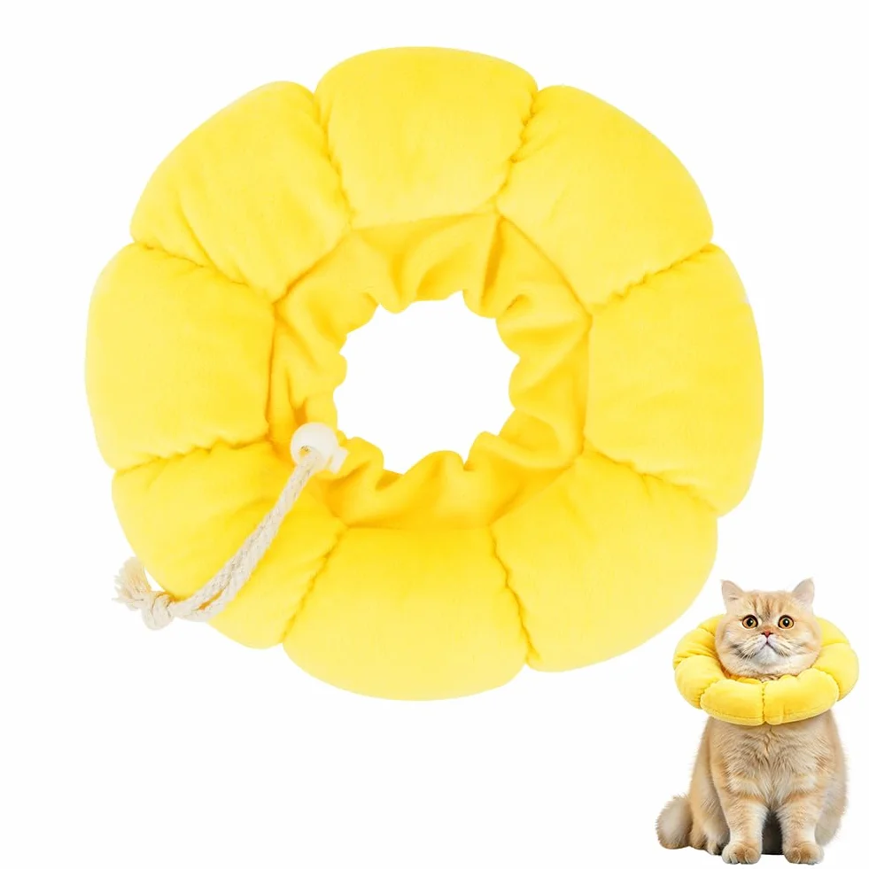 Collier Anti Léchage pour Chat, Collier de Protection Tournesol, Coton Doux Ajustable 10-18cm