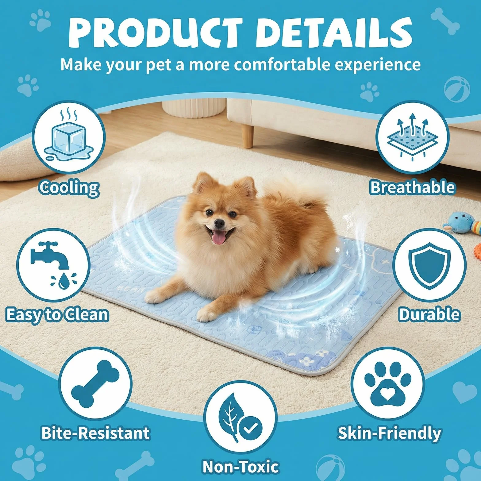 Ninonly Tapis Rafraîchissant pour Chien 50x70cm Latex Antidérapant Bleu
