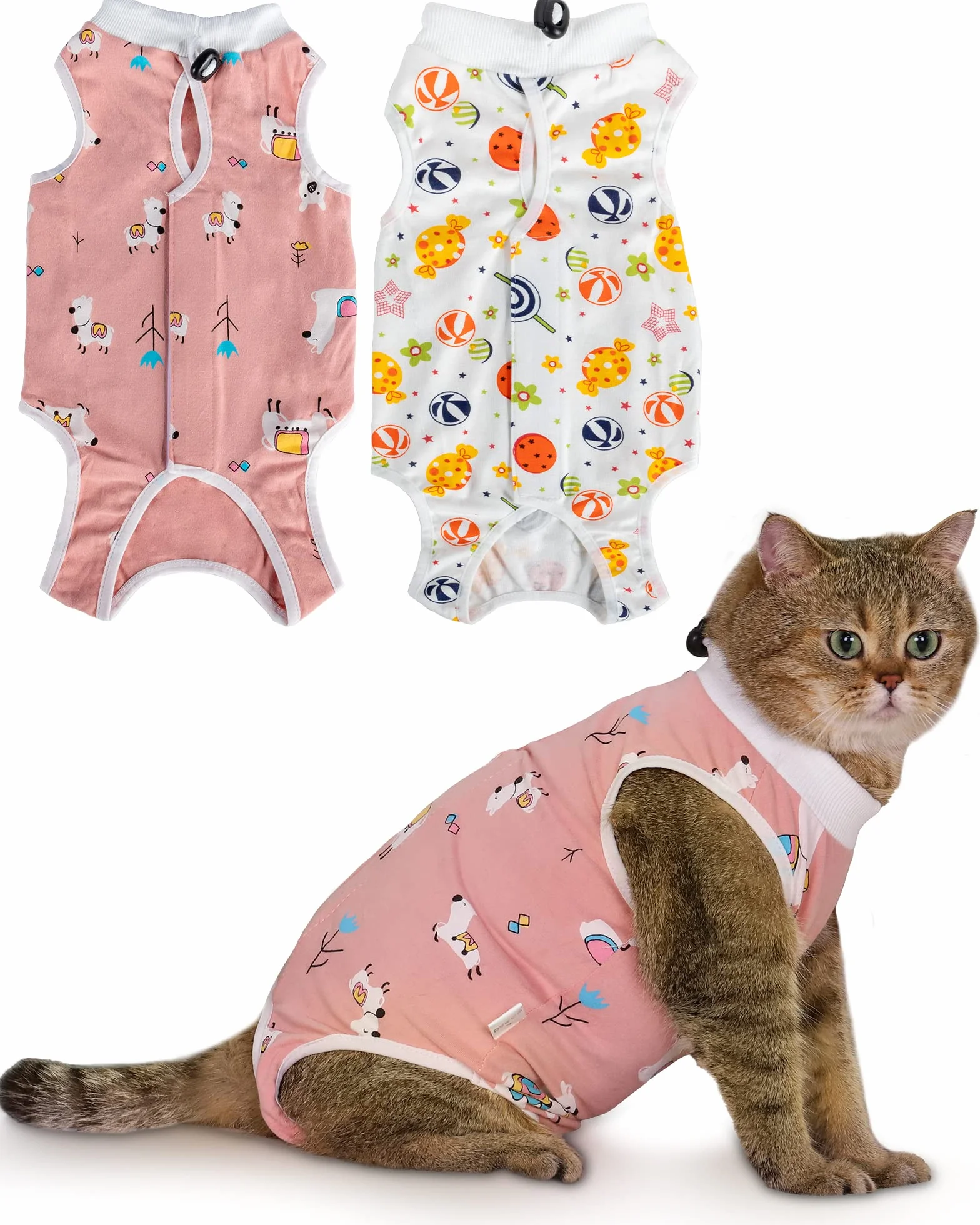 Lot de 2 Combinaison pour Chat Plaies Abdominales, Gilet de Récupération et de Protection Respirant, Idéal Après Chirurgies (Alpaga+Bonbons, M)