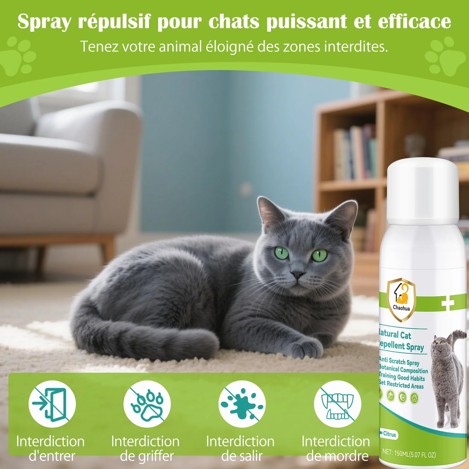 Repulsif Chat Interieur 150 ML Anti Griffure Spray Protéger Meubles Canapé