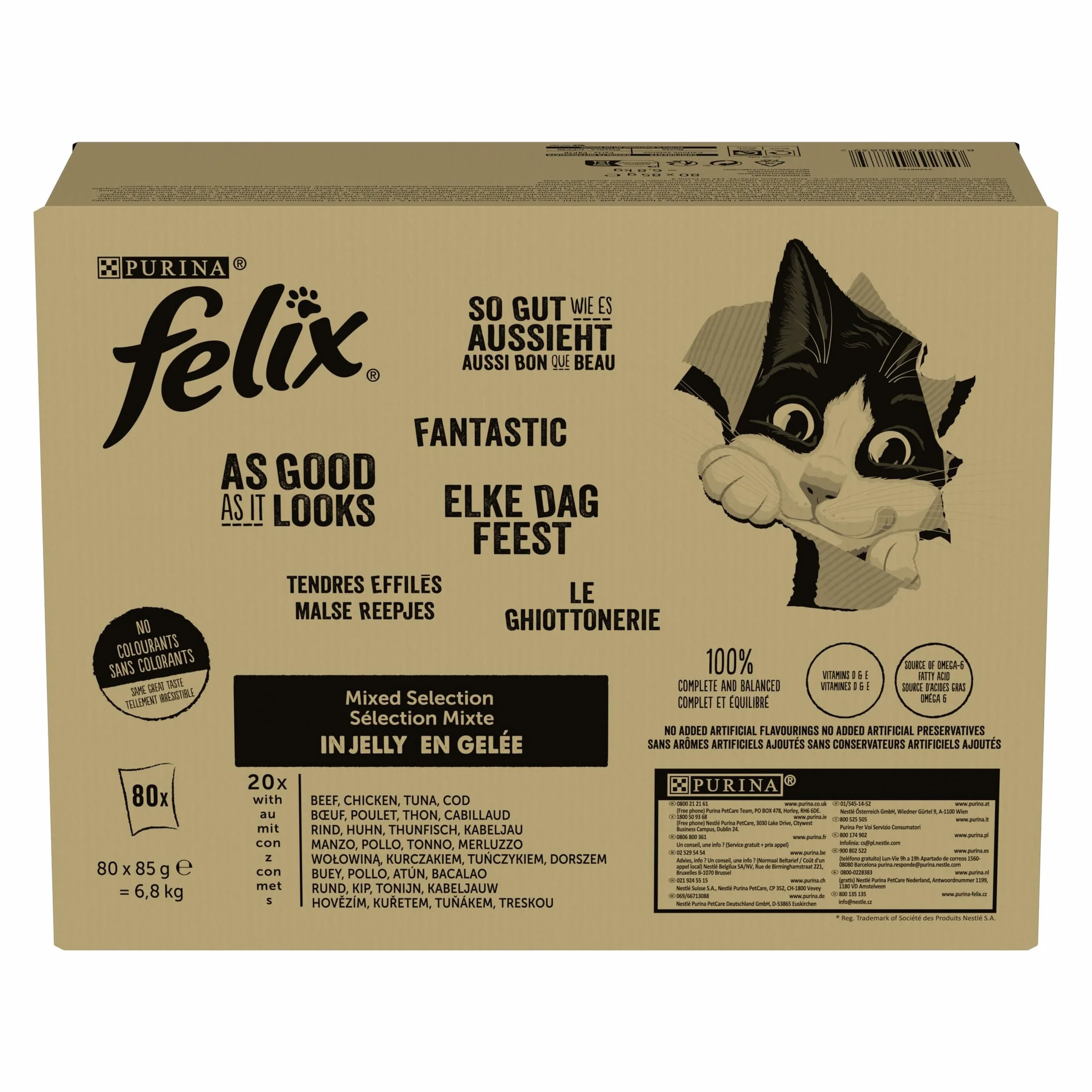Felix Tendres Effilés Chat Adulte En Gelée au Thon Cabillaud Bœuf Poulet Sachets Fraîcheurs 80 x 85g