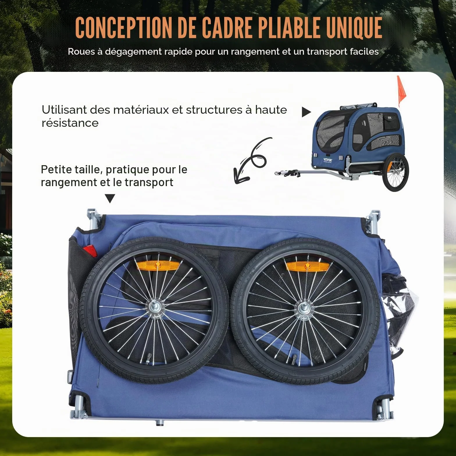 VEVOR Remorque de vélo pour Chien 30 kg Acier au Carbone Tissu Oxford 600D Pliable 1440 x 720 x 779 mm Orange Gris