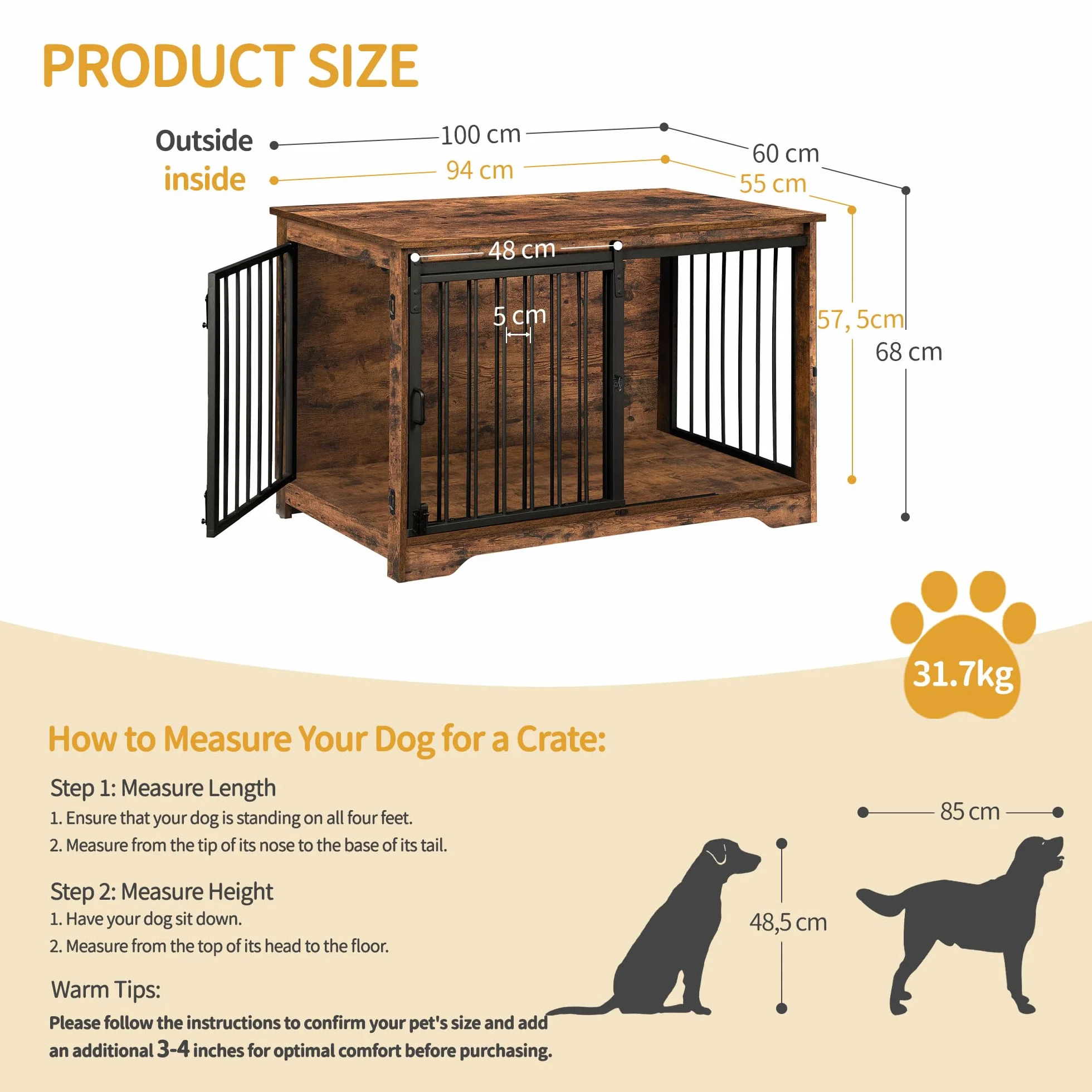 Hzuaneri Cage pour Chien 100 cm Meuble Cage Chien Interieur avec Porte Coulissante 2 Portes Niche Moderne Marron Rustique