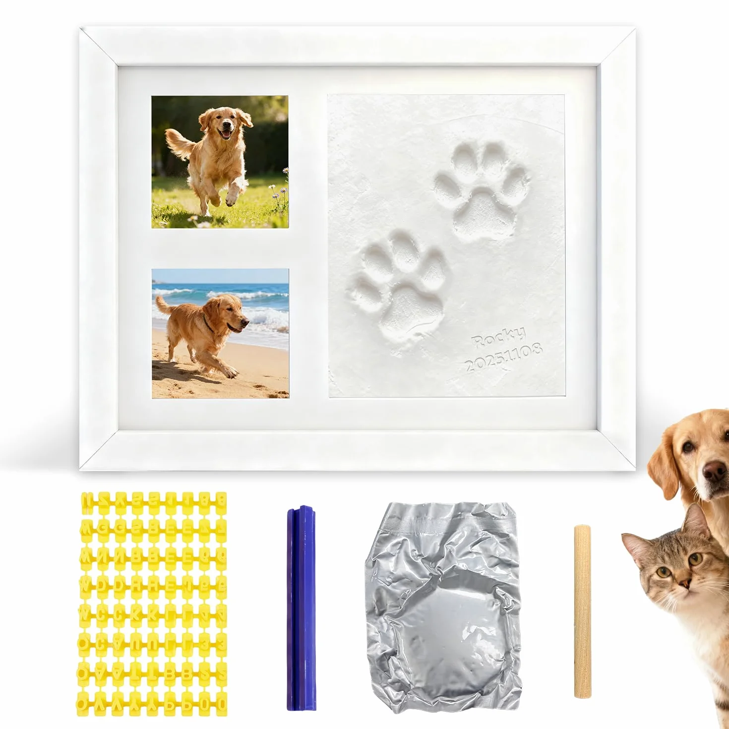 Kit Empreinte Chien Chat, Cadre Souvenir avec Empreinte en Argile, Kit d'Empreinte Bébé Main et Pied, Blanc