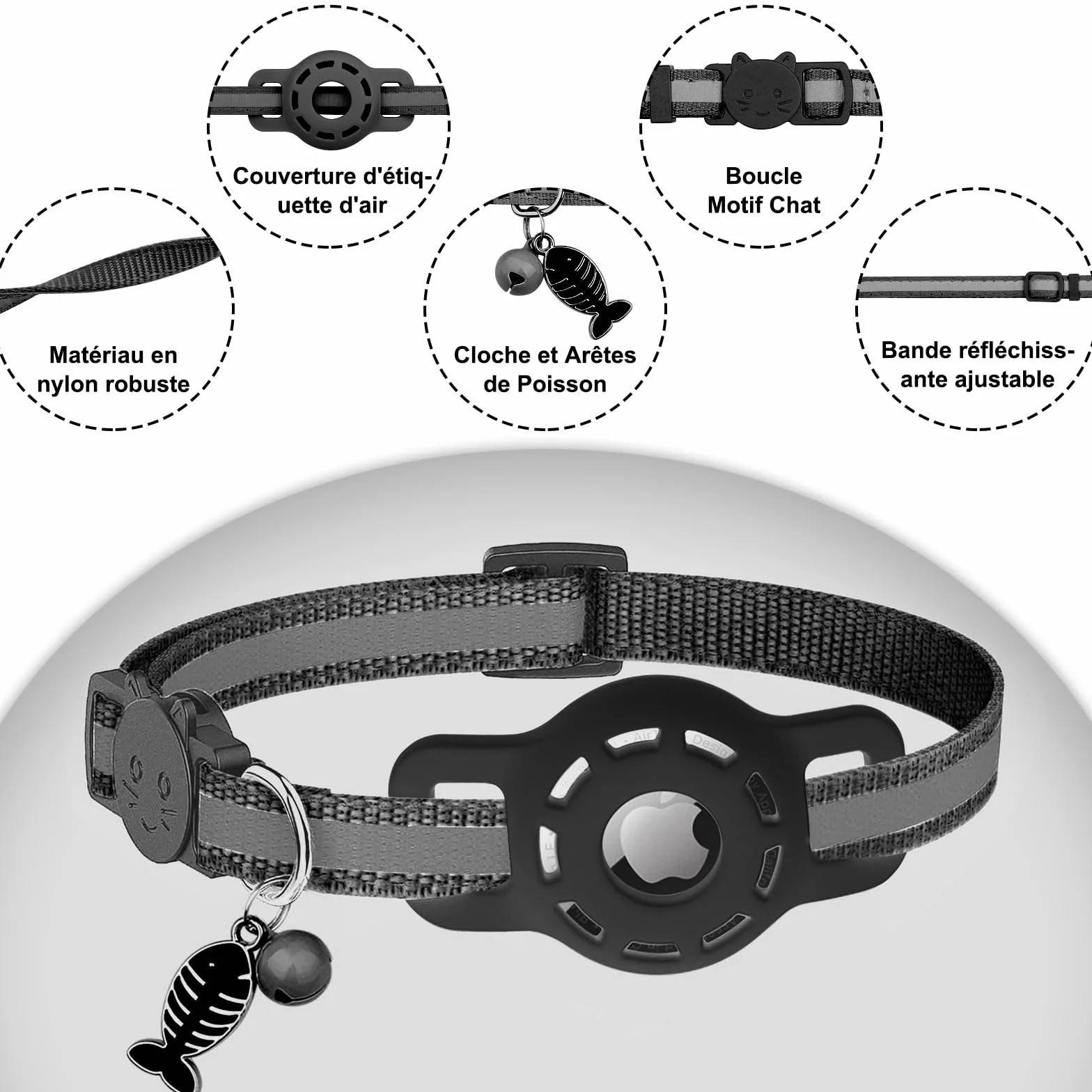 Collier Chat Compatible Airtag Réglable Réfléchissant avec Cloche Anti-étranglement Boucle Sécurité Noir